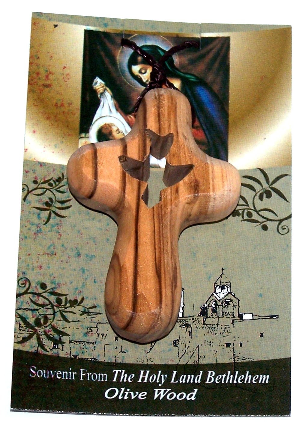  Holy Spirit The Comforter Olive Wood Comforting Cross Engraved with Dove - Necklace. Cross is About 2.5 and Comes with Certificate、mySite、elrpsem3k