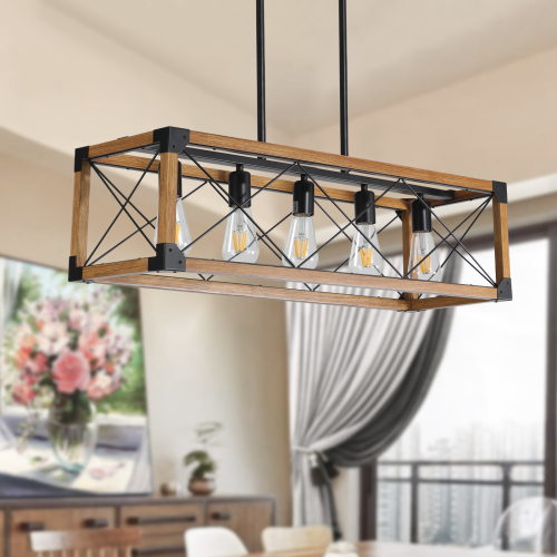 (Same as W1340P155968/L1011-RW) 32" Red Wood Industrial Farmhouse Rectangle Pendant Light, 5-Light Chandelier for Dining Room, Kitchen Island, Cafe Decor (No Bulbs)、、eastwooduniform