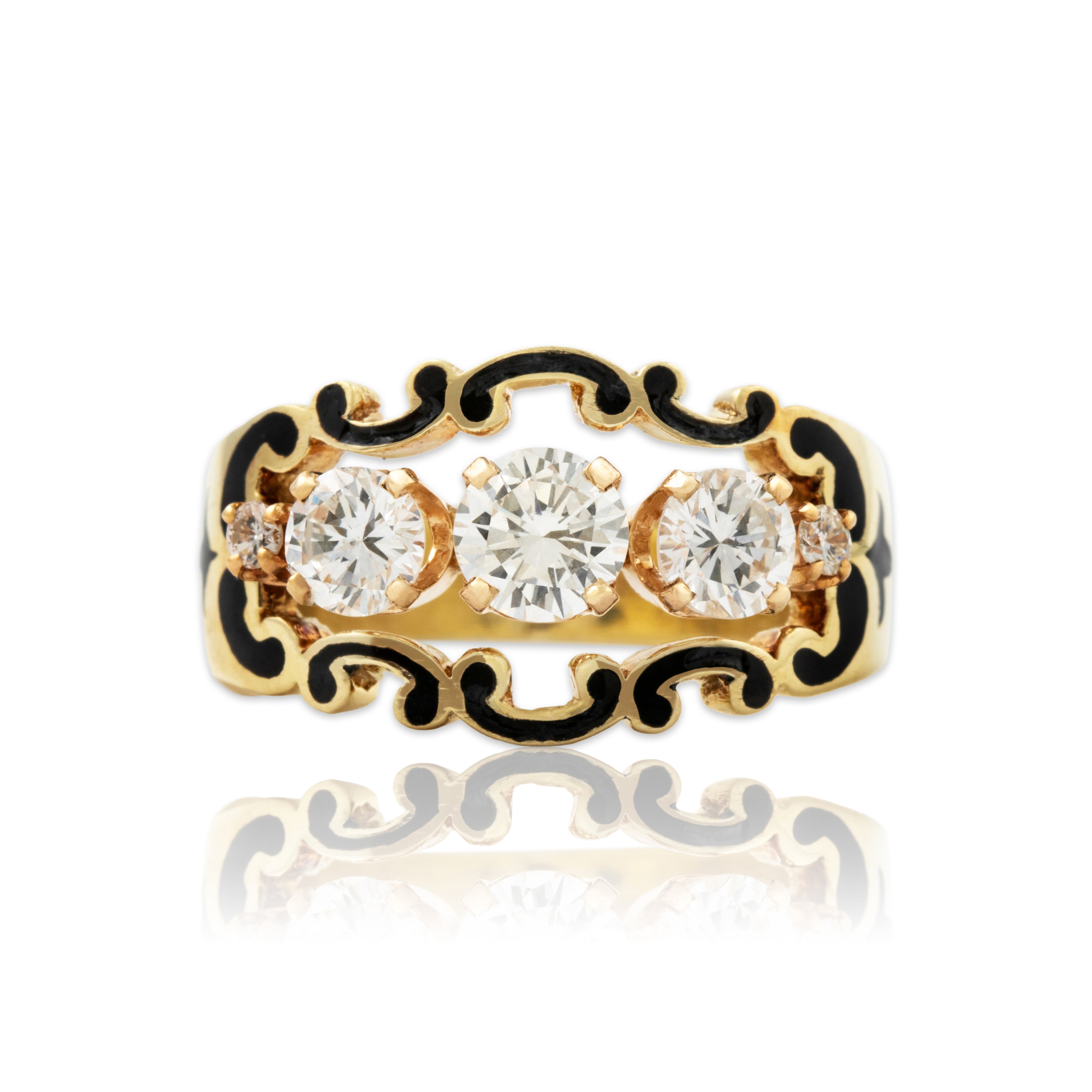 Vintage 14k Yellow Gold 1.2cttw Diamond Unusual Black Enamel Openwork Ring 6.75、mySite、hinf8tx79