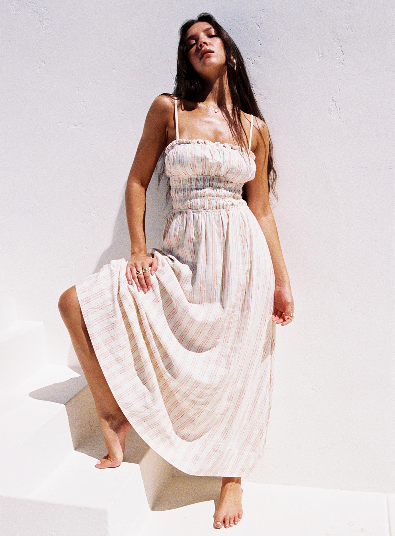 Persephone Shirring Linen Maxi Dress Pink Stripe、mySite、solidvoid