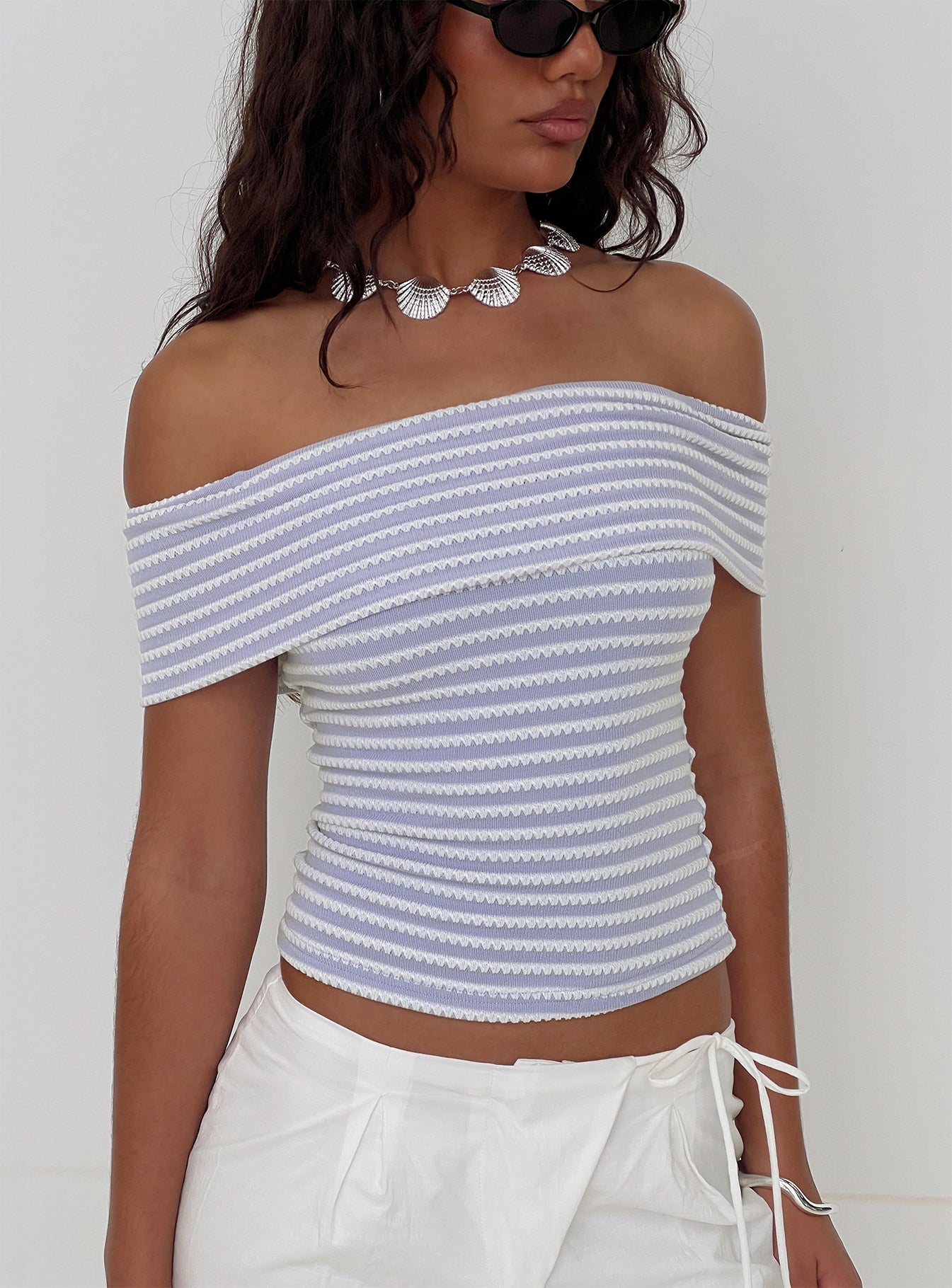 Ausha Off Shoulder Top Lilac Stripe、mySite、solidvoid