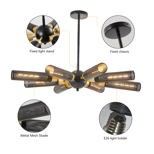 24" Modern Industrial Multi-Light Pendant Chandelier - 9-Light Black and Gold Adjustable Ceiling Light Fixture with Mesh Cylinder Shades for Living Room, Dining Room, or Staircase (Bulb Not Included)、、eastwooduniform