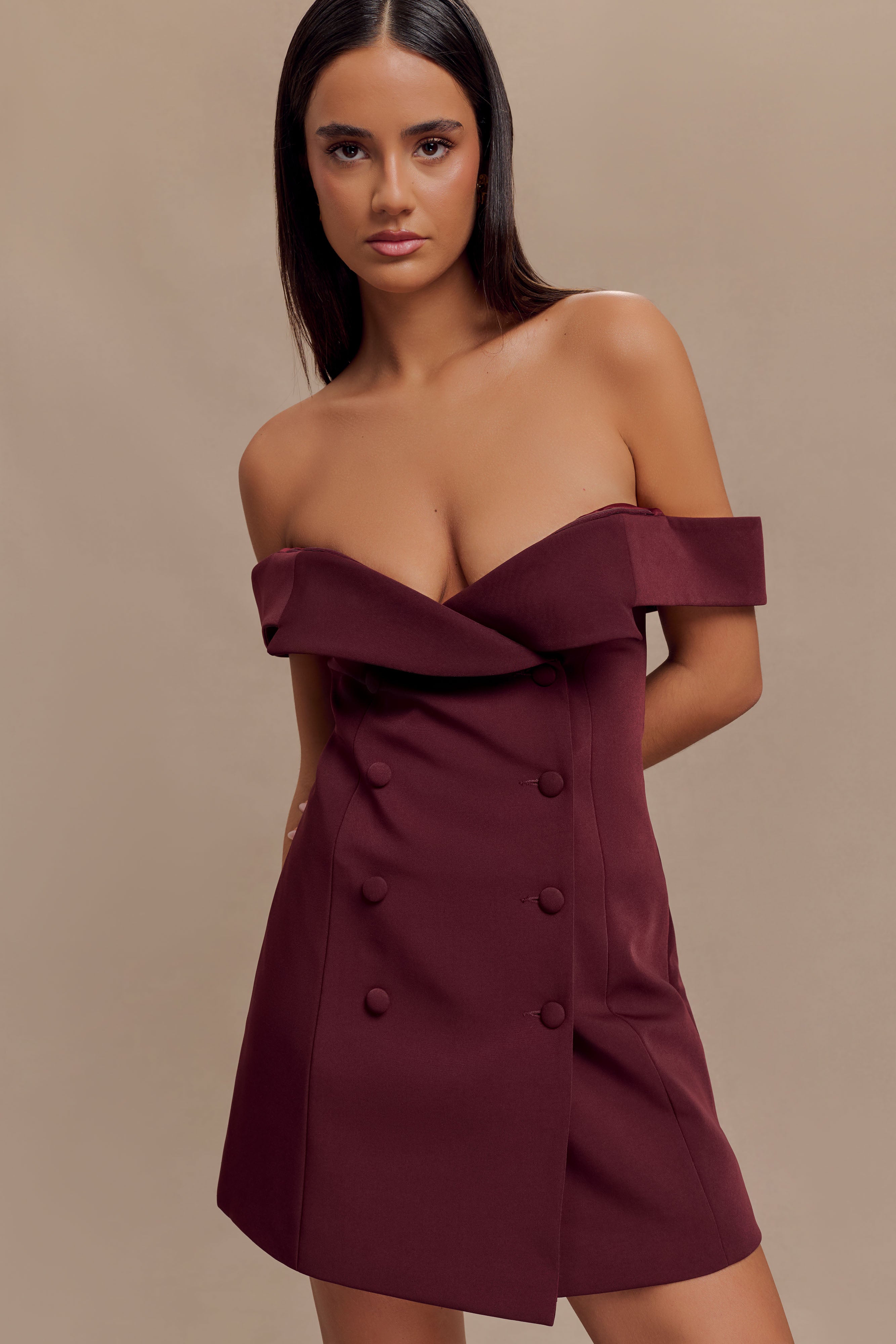 Noelle Off Shoulder Suiting Mini Dress - Mahogany、mySite、solidvoid