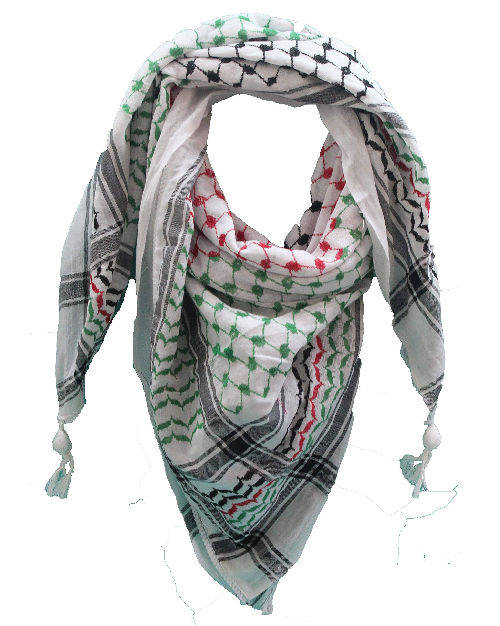 Hirbawi Kufiya Original Men's Arab Scarf One Size Black, Red and Green on White、mySite、topwebapps