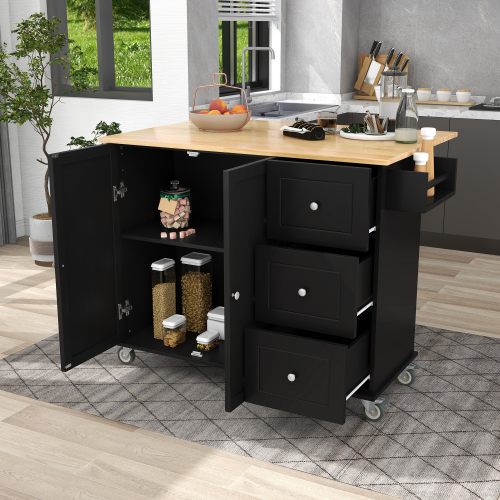 Rolling Mobile Kitchen Island with Solid Wood Top and Locking Wheels,52.7 Inch Width,Storage Cabinet and Drop Leaf Breakfast Bar,Spice Rack, Towel Rack & Drawer (Black)、、casual