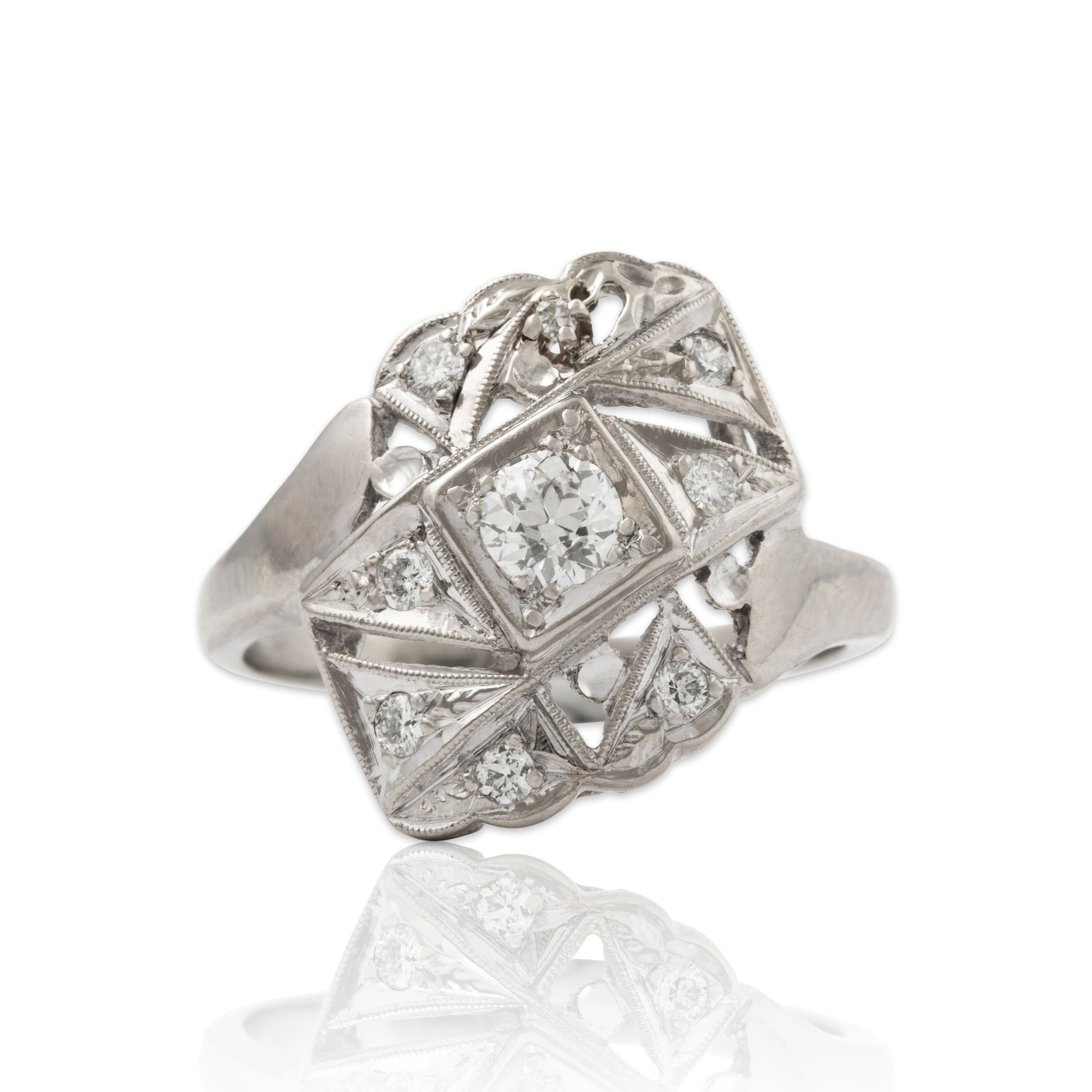 Antique Art Deco 14k White Gold .35cttw Diamond Asymmetrical Milgrain Ring 6.00、mySite、hinf8tx79