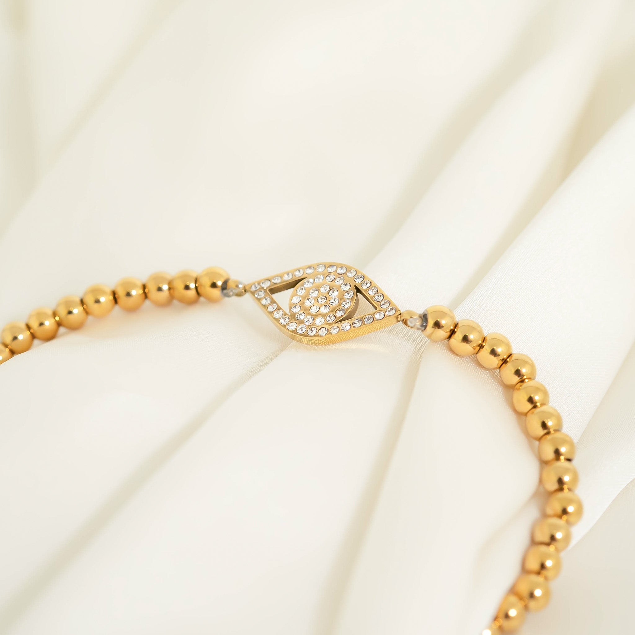 18K Gold PVD Stainless Steel Stone Evil Eye Metal Beaded Stretch Bracelet / BRJ1018、mySite、dreamappss