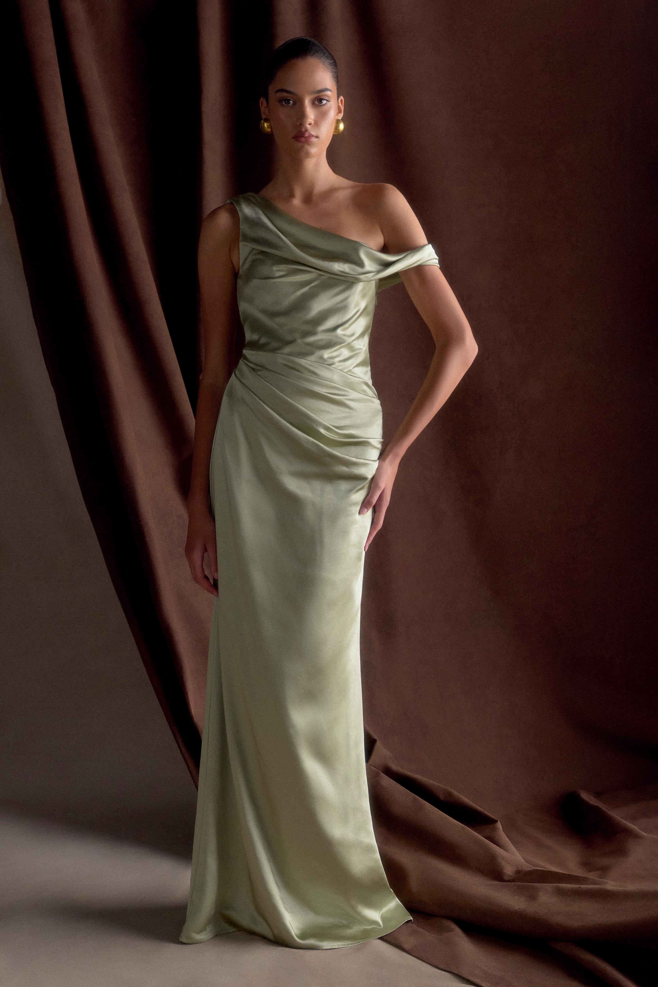 Dalia Off Shoulder Satin Maxi Dress - Sage、mySite、solidvoid