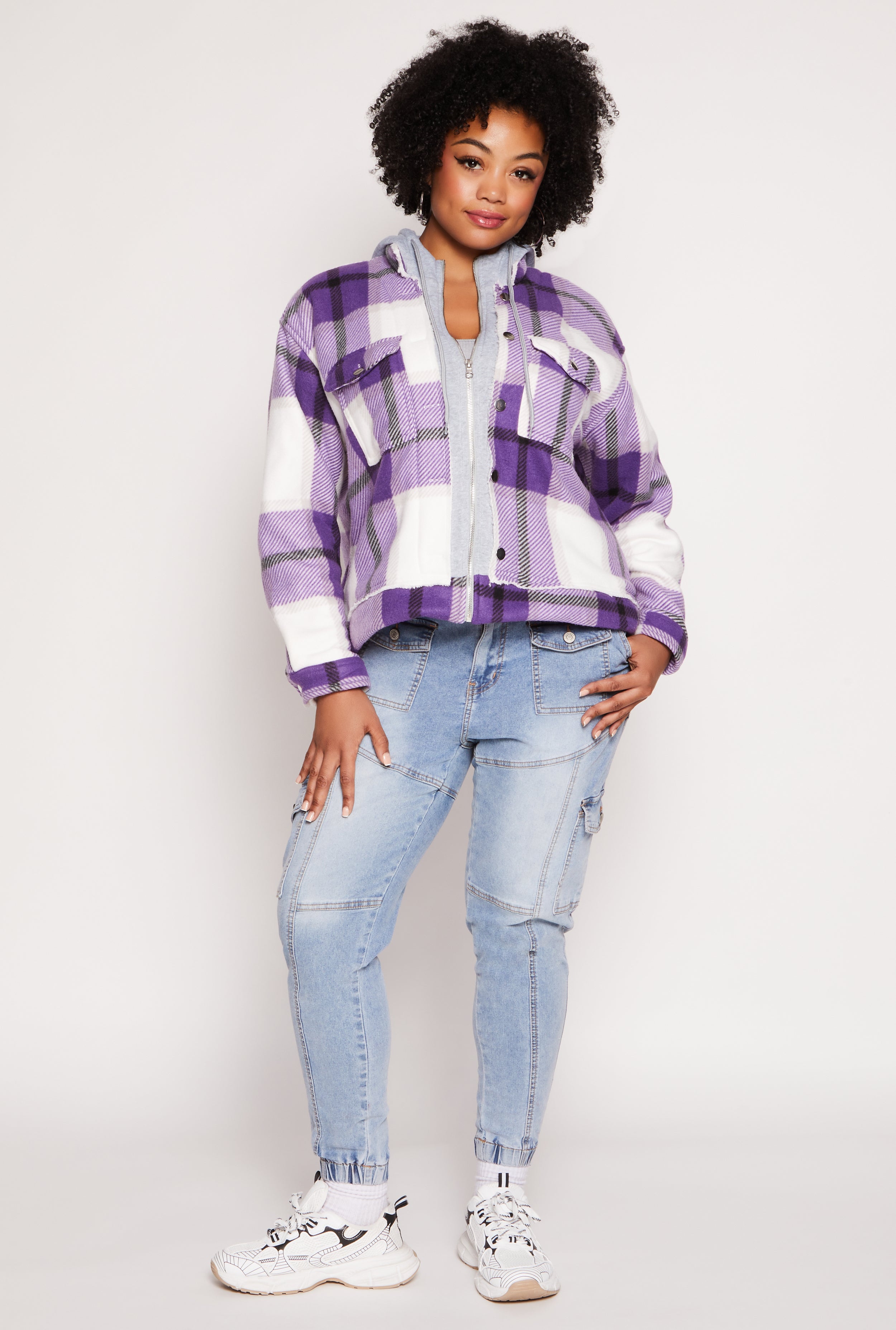 Plus Size Plaid Hooded Zip Front Jacket、mySite、camillekostekn