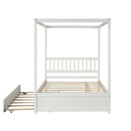 Full Size Canopy Bed with Twin Trundle, Kids Solid Wood Platform Bed Frame w/ Headboard, No Box Spring Needed Grey Color、、xpatfood