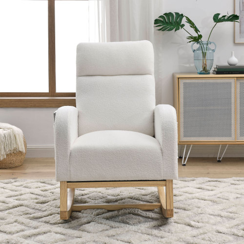 Video Welike 27.6"W Modern Accent High Backrest Living Room Lounge Arm Rocking Chair, Two Side Pocket ,Teddy White (Ivory)、、casual