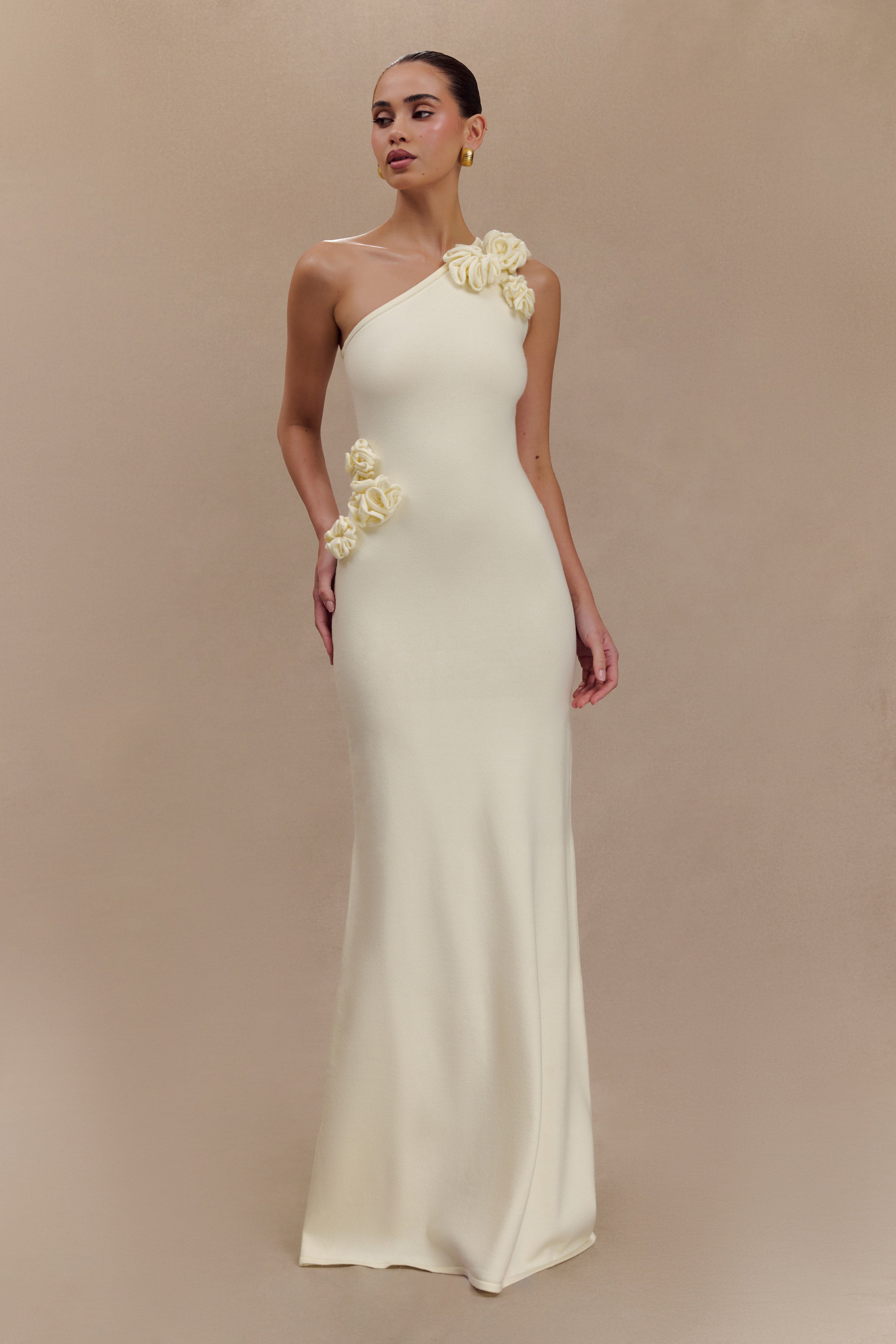 Paloma One Shoulder Knit Maxi Dress With Flowers - Ivory、mySite、solidvoid