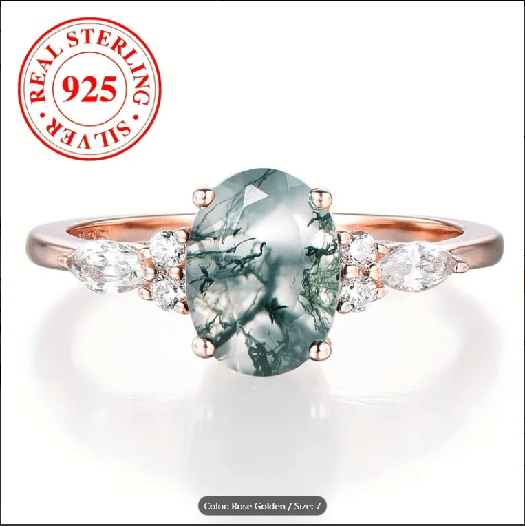 Moss Agate Ring Solitaire Rose Gold Plated Sterling Silver、mySite、g9winljtr