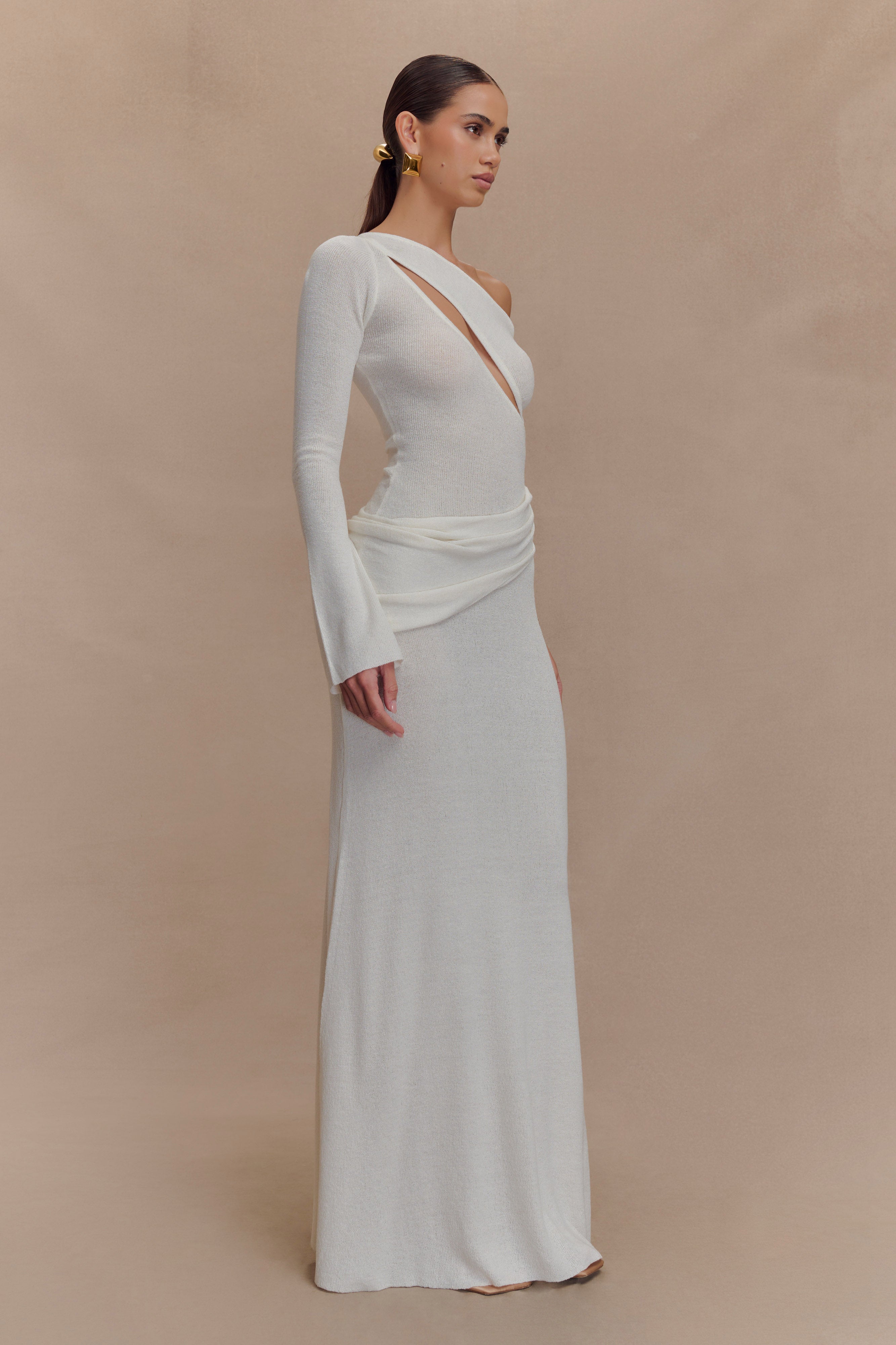 Alexius One Shoulder Knit Maxi Dress - Ivory、mySite、solidvoid