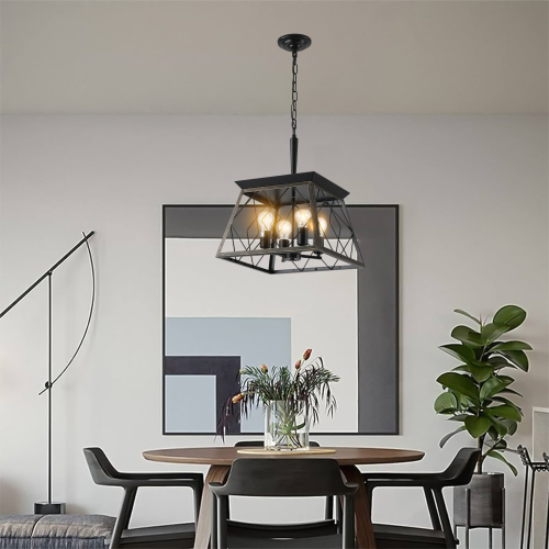 (Same as W1340111202/L1008) 16" Walnut Industrial 4-Light Pendant Chandelier, Modern Metal Cage Design, Adjustable Hanging Light for Dining Room, Kitchen, Living Room (No Bulbs)、、eastwooduniform
