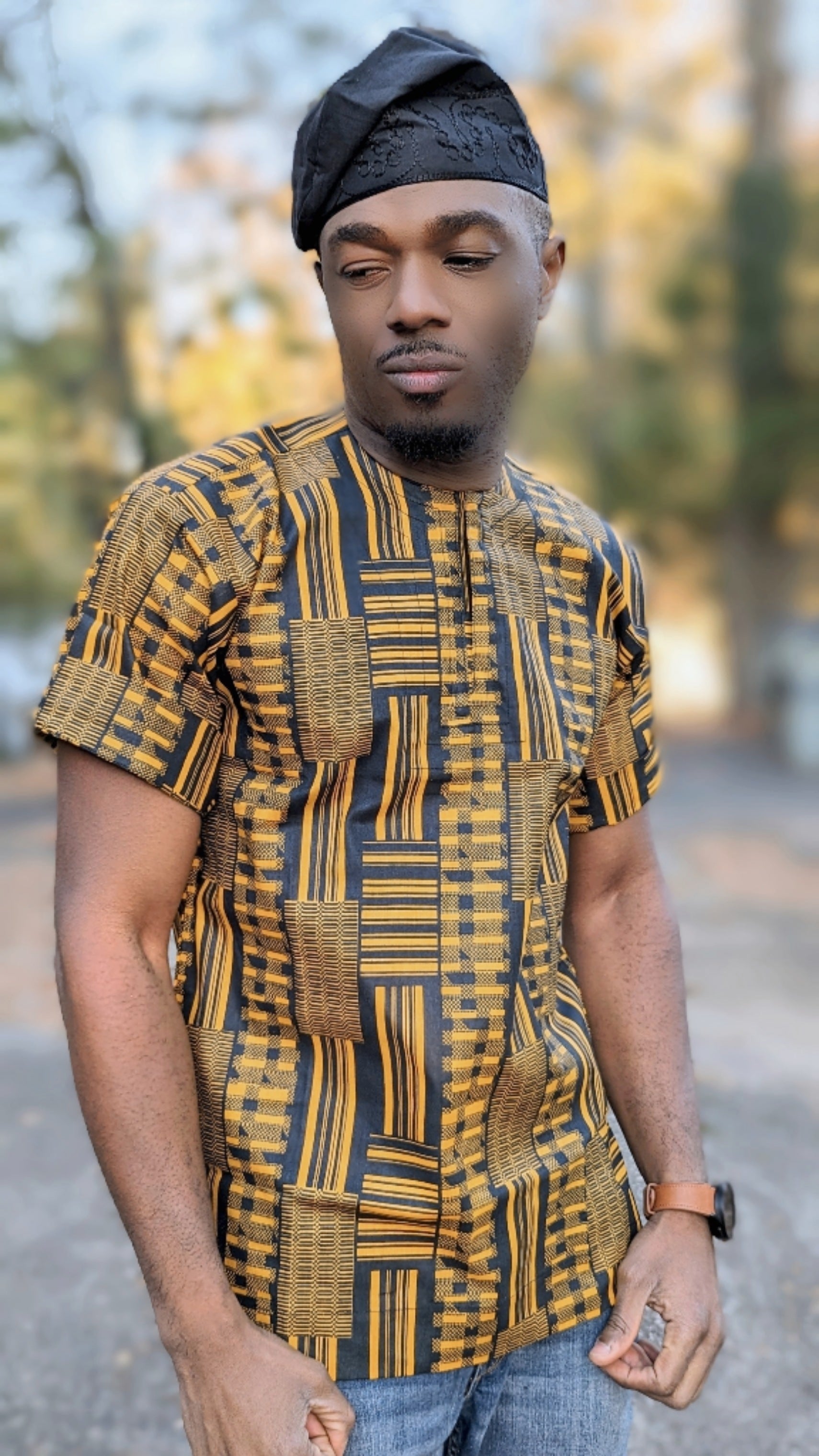 Akwaabah Black and Gold African print Kente short sleeve Dashiki shirt-DP4091M、mySite、solidvoid