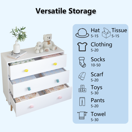 Kids 3 Drawer Dresser, Baby Nightstand for Bedroom, Storage Cabinet for Toddler Child for Living Room, Toddler Room, Nursery, Closet, Apartment (White)、、casual
