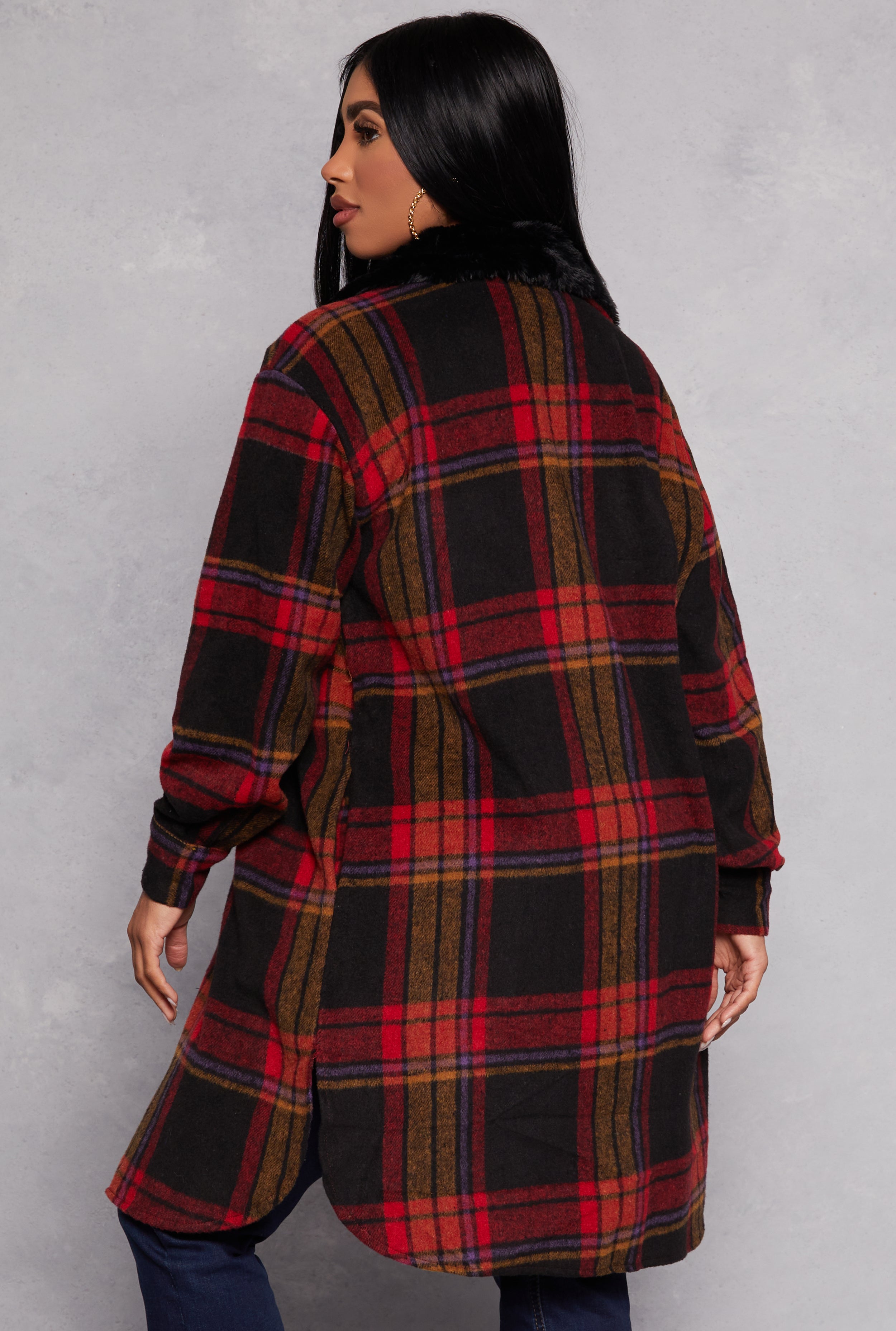 Spoon Jeans Faux Fur Collar Plaid Shacket、mySite、camillekostekn