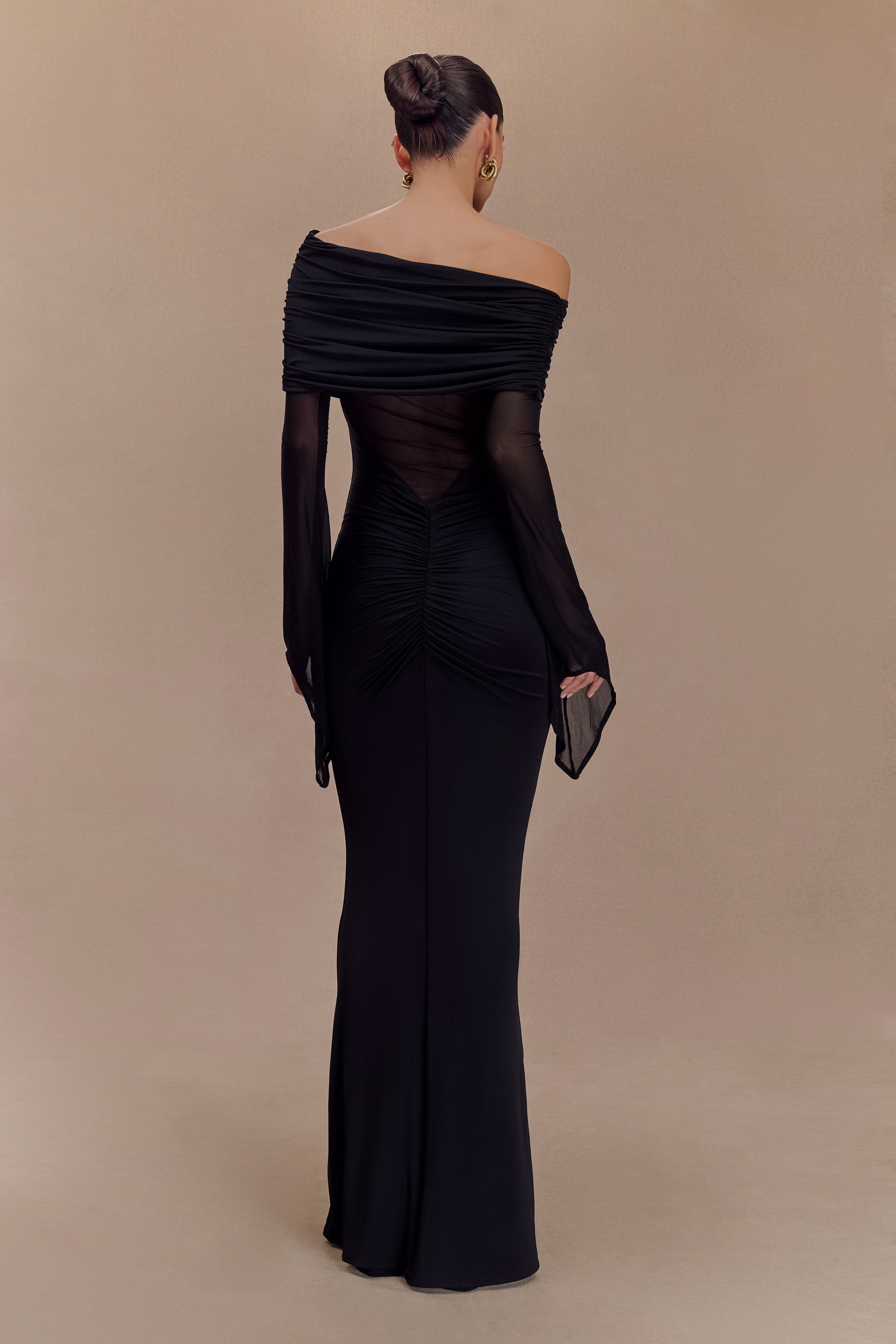 Kaitlin One Shoulder Slinky And Mesh Maxi Dress - Black、mySite、solidvoid