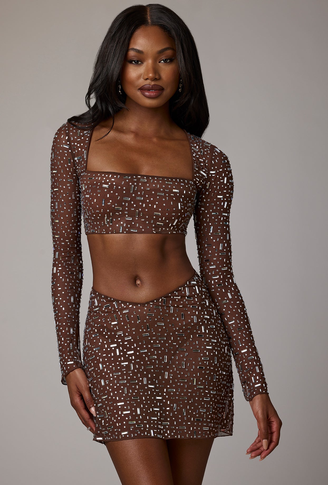 Sheer Embellished Long Sleeve Crop Top in Deep Cocoa、mySite、solidvoid