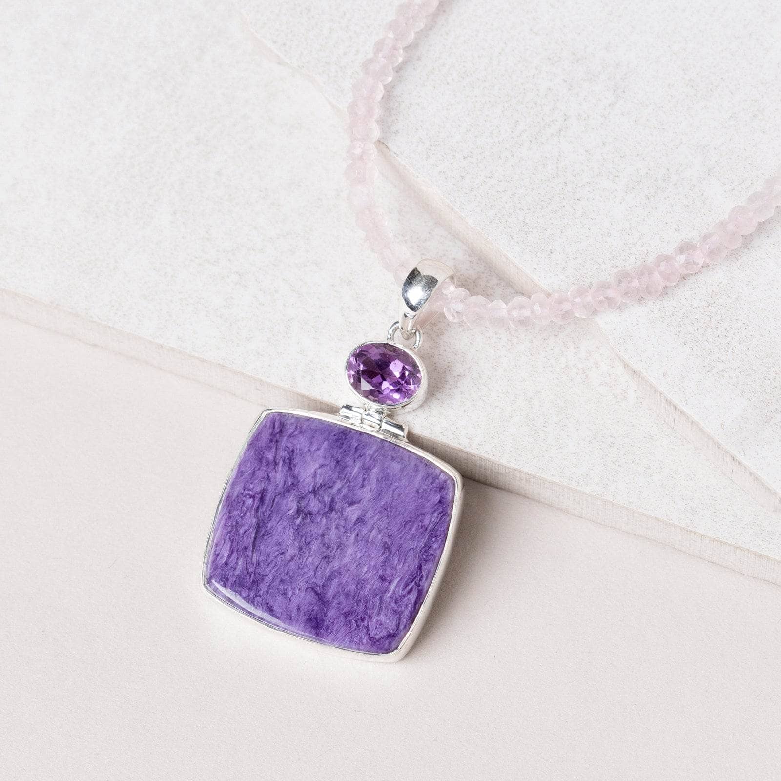 Charoite & Amethyst Square Pendant Necklace、mySite、hinf8tx79