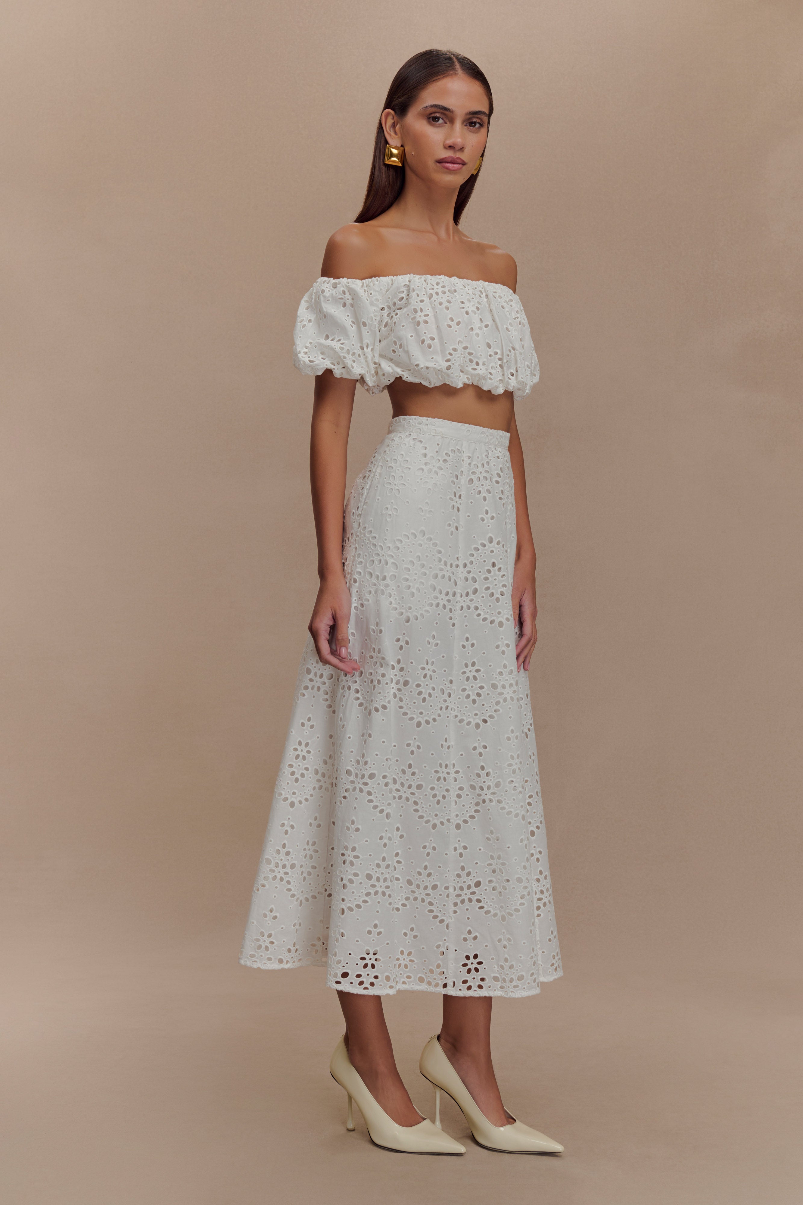 Autumn Off Shoulder Broderie Top - White、mySite、solidvoid