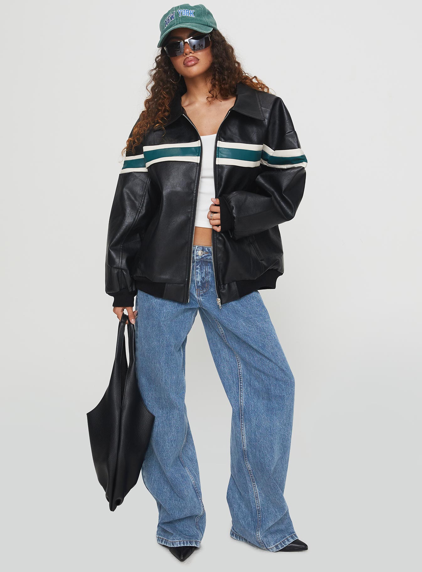 Goldsmith Faux Leather Bomber Jacket Black / Green、mySite、solidvoid