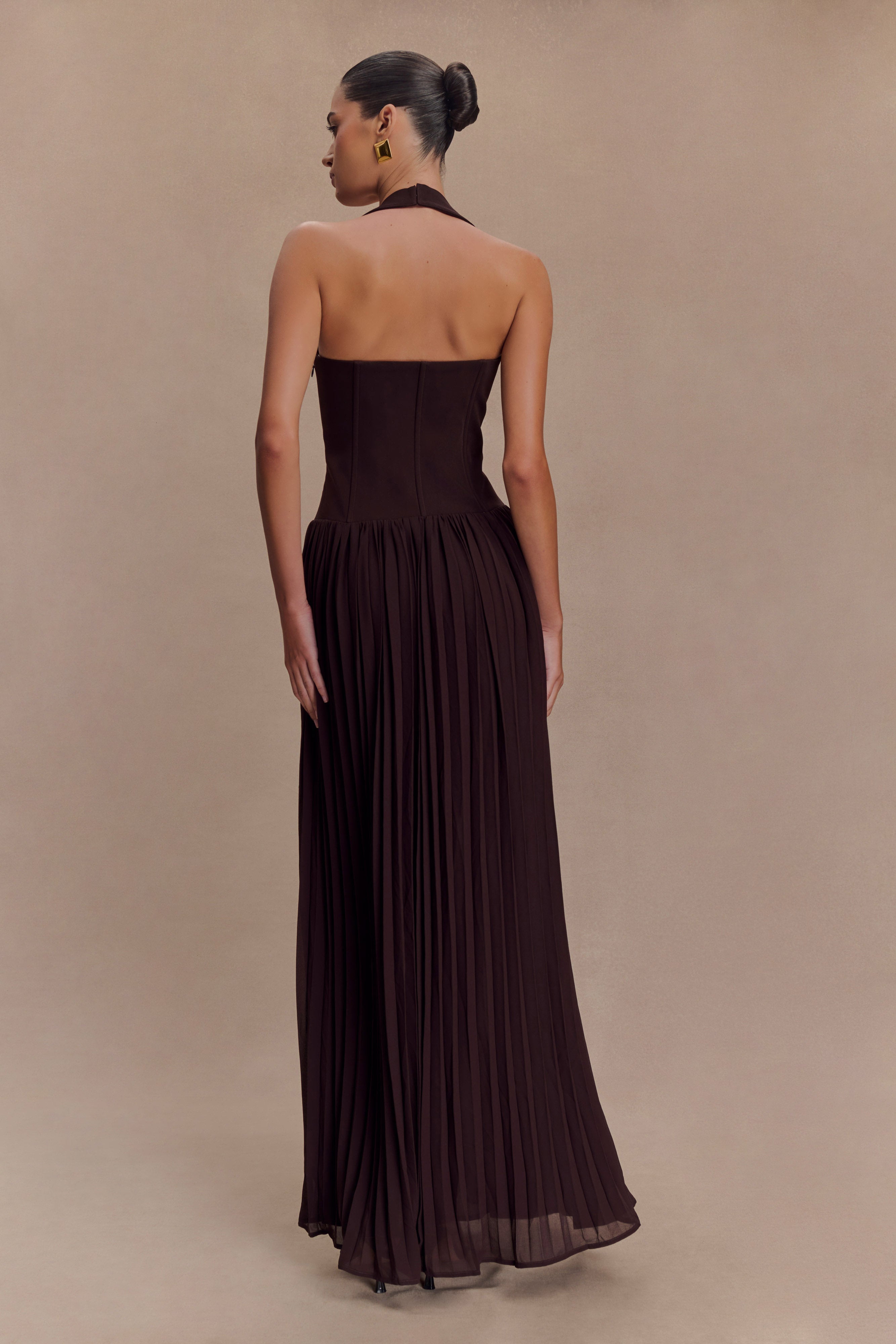 Stacie Pleated Halter Maxi Dress - Cacao、mySite、solidvoid