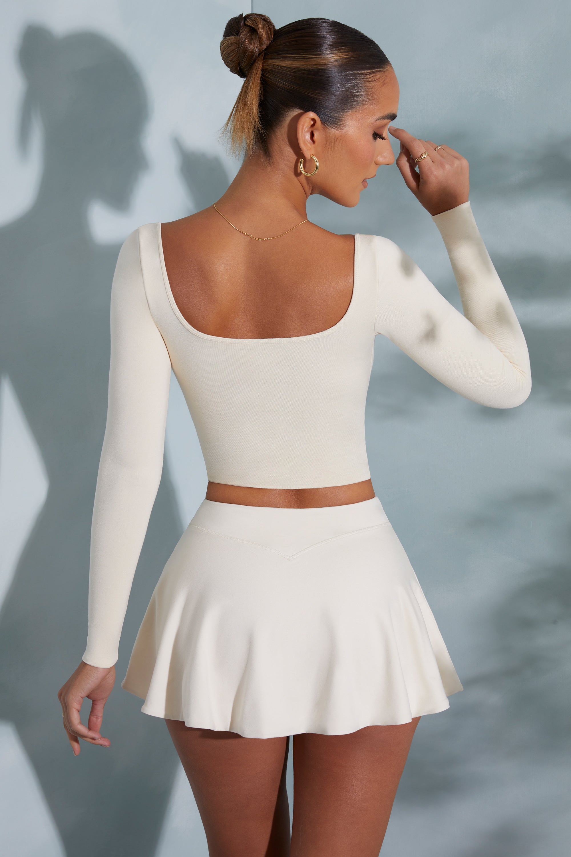 Rounded Square Neck Long Sleeve Top in Ivory、mySite、solidvoid