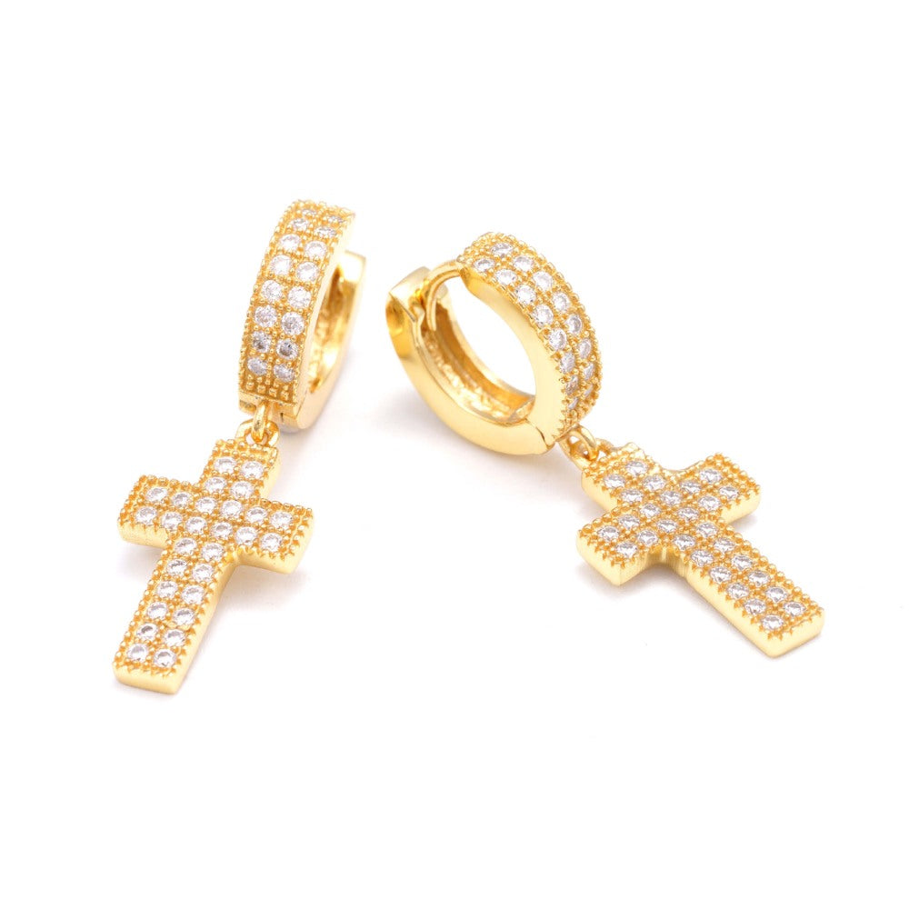 2-Row Moissanite Cross Earrings 14K Gold、mySite、hinf8tx79