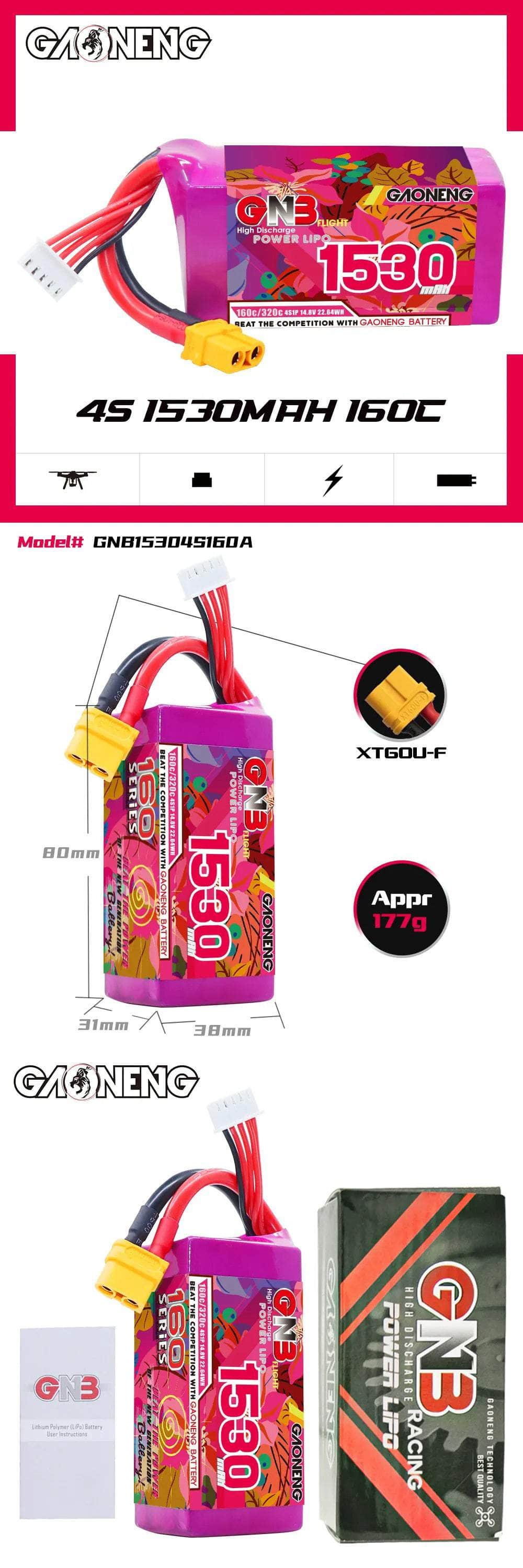 Gaoneng GNB 14.8V 4S 1530mAh 160C Lipo Battery - XT60
