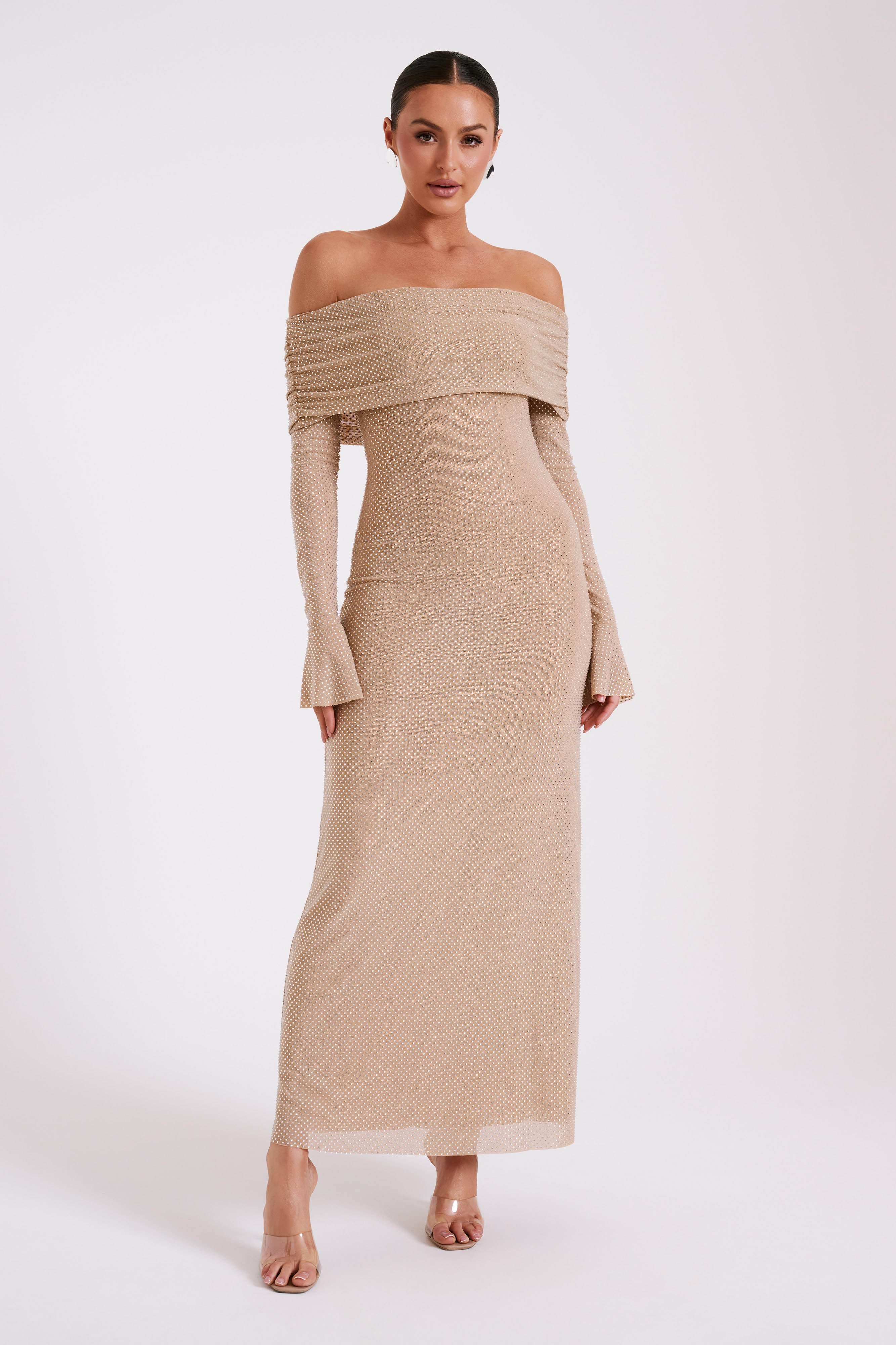Marcel Off Shoulder Diamante Maxi Dress - Nude、mySite、solidvoid