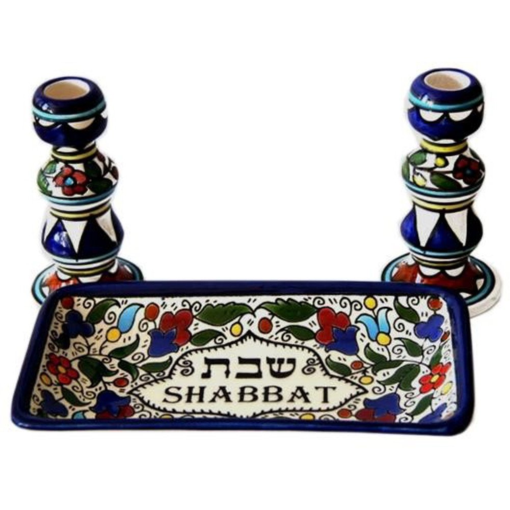  Holy Land Market Shabbat Candlestick Set - Colorful Ceramic Candlesticks with Matching Plate for Shabbat and Holidays、mySite、elrpsem3k