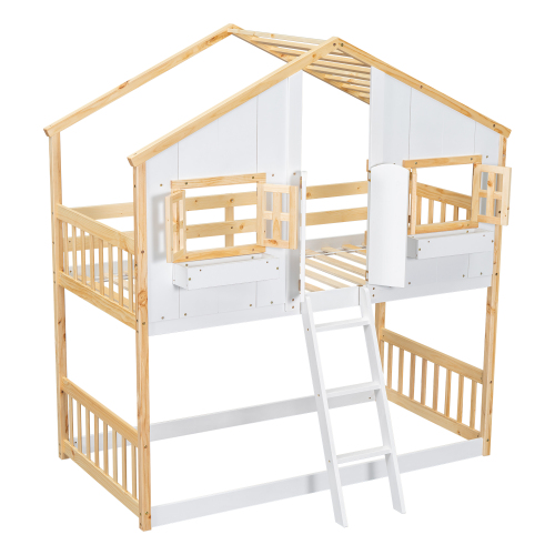 Twin over Twin House Bunk Bed with Roof , Window, Window Box, Door , with Safety Guardrails and Ladder,White、、casual