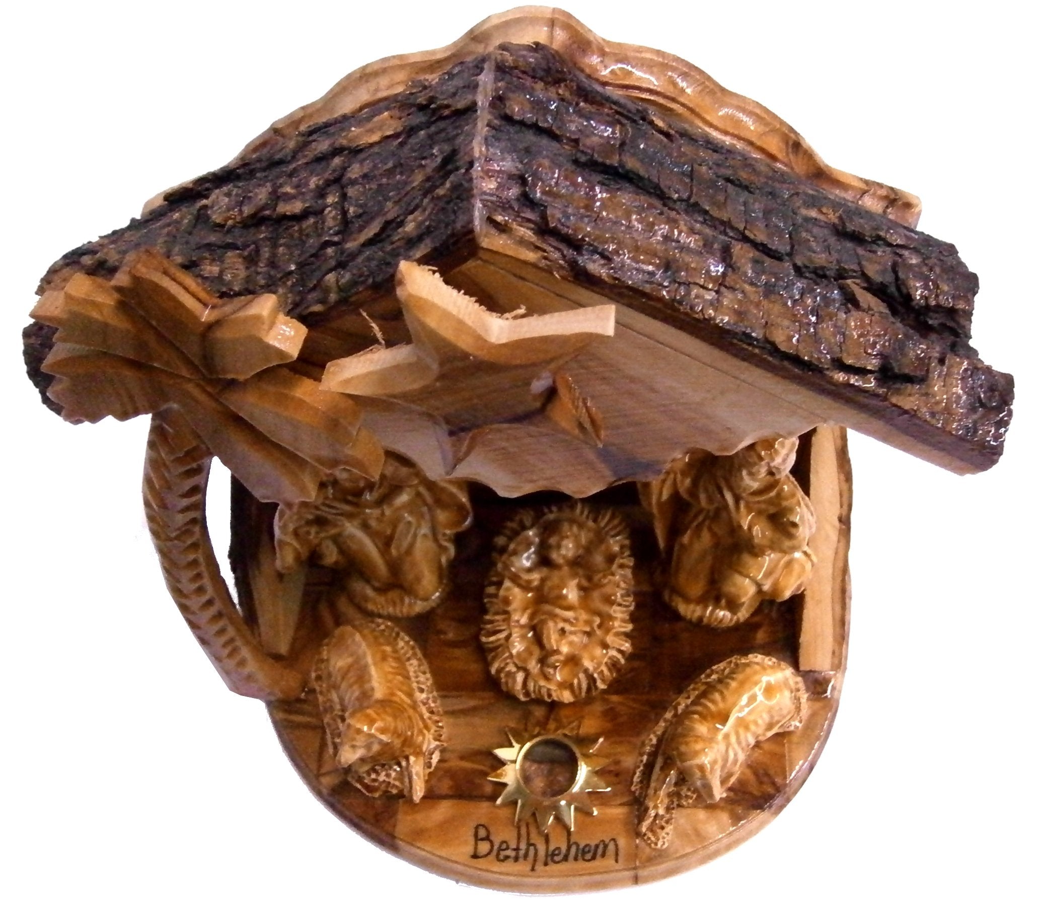 Holy Land Market Musical Olive Wood Nativity Set with Rustic Stable (Bark Roof) - Glued Alabaster Pieces、mySite、topwebapps