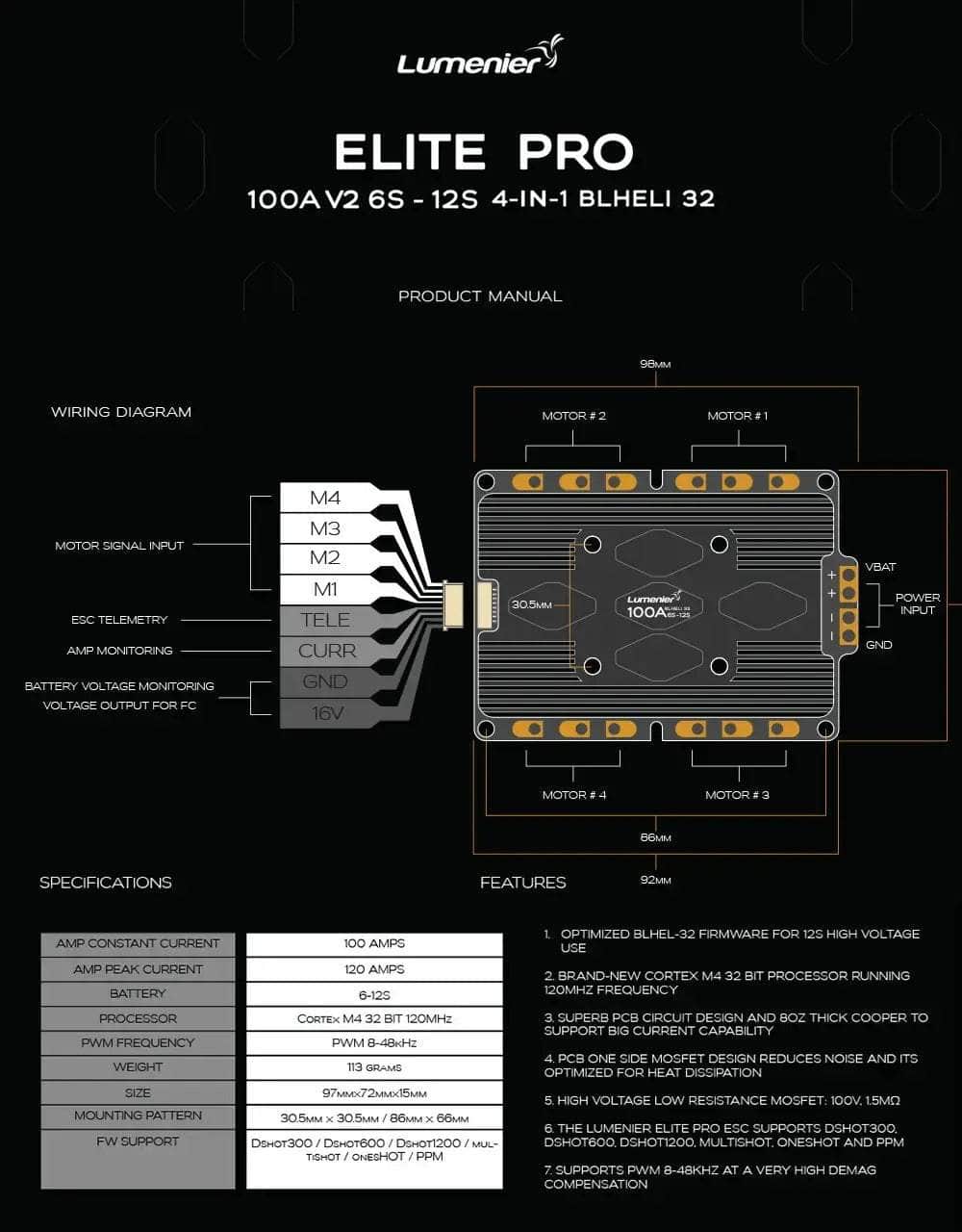 Lumenier ELITE PRO 100A V2.1 6-12S 4-in-1 AM32 ESC - 30x30