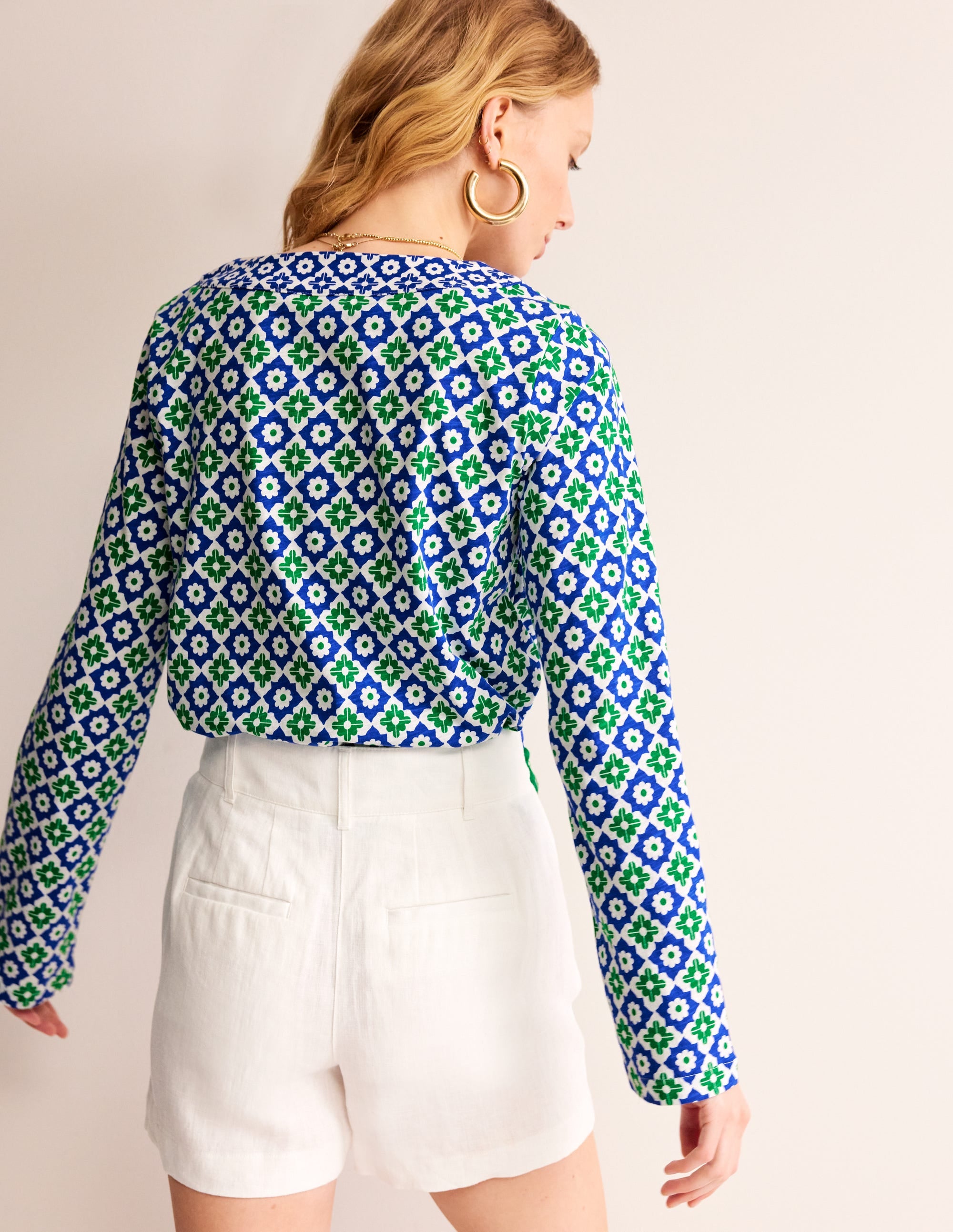  Printed Tie Neck Top-Green Tambourine, Geometric、mySite、ashleygrahame