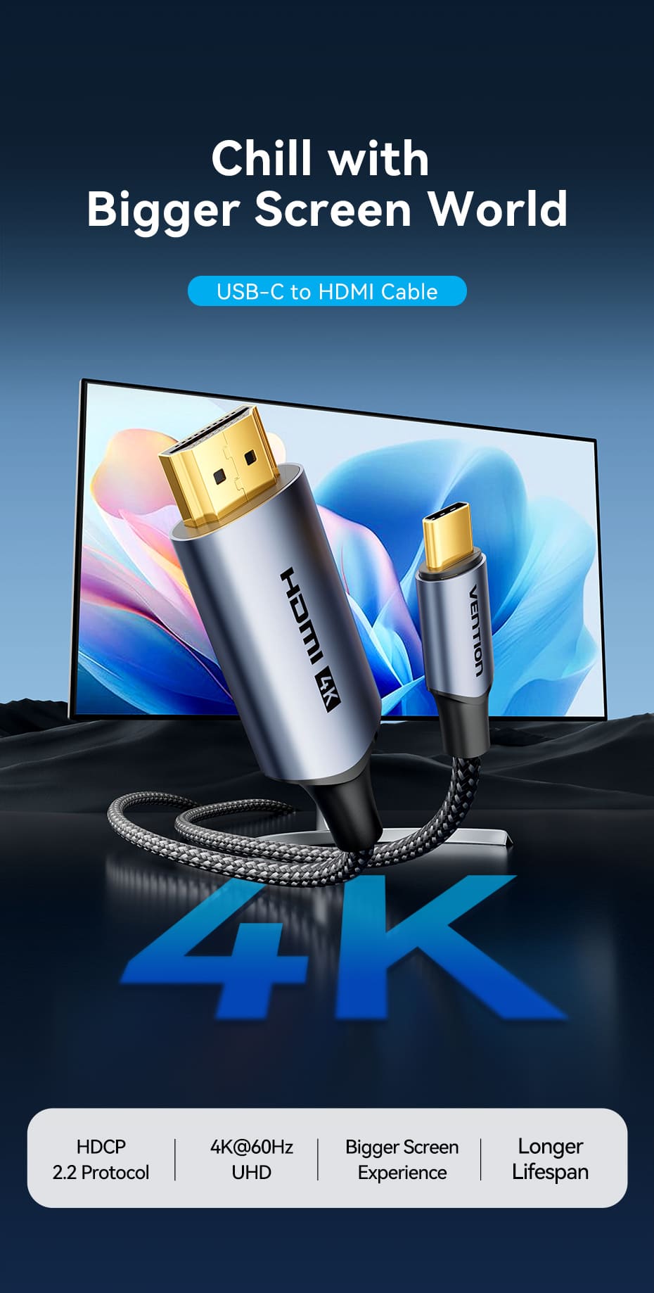 Cotton Braided USB-C to HDMI-A 4K HD Cable