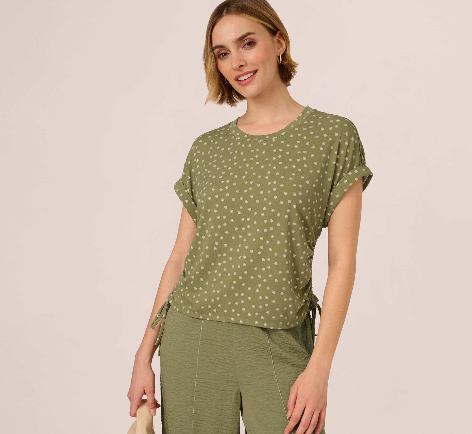 Cap Sleeve Ruched Side Top In Oil Green Scribble Daisy、mySite、solidvoid