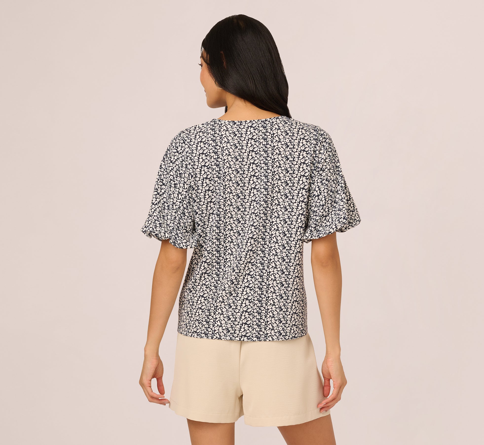 Bubble Sleeve Printed Tie Waist Top In Navy Stencil、mySite、solidvoid