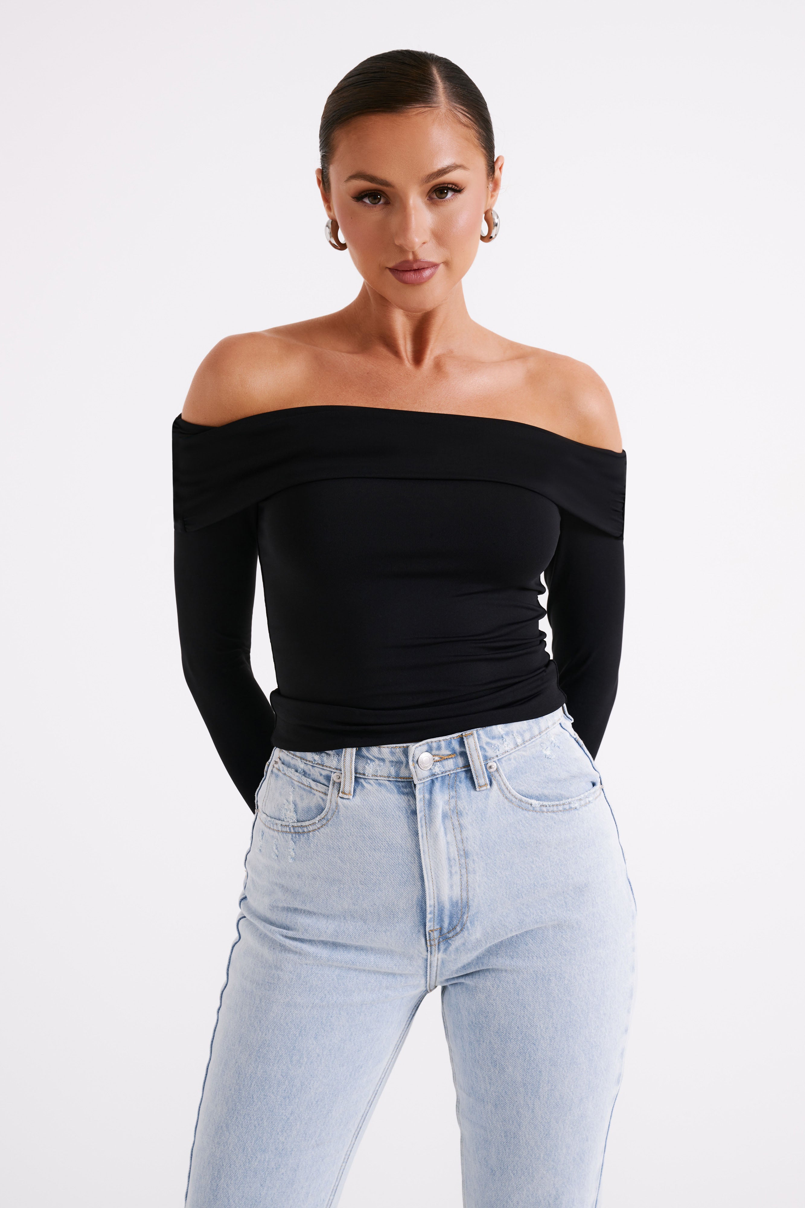 Lucinda Recycled Nylon Off Shoulder Top - Black、mySite、solidvoid