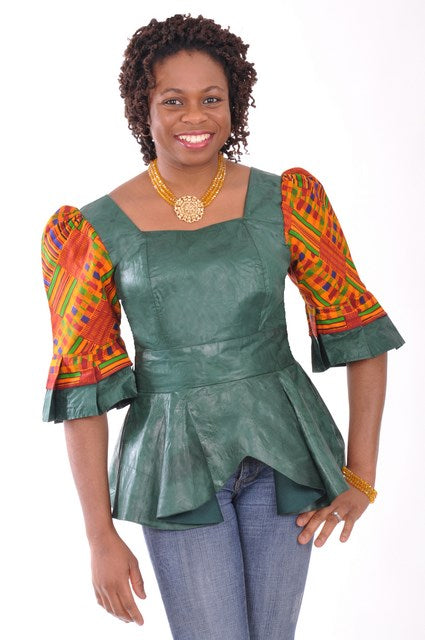 Green Brocade Top with Kente Print Design-DP3227TPG、mySite、solidvoid