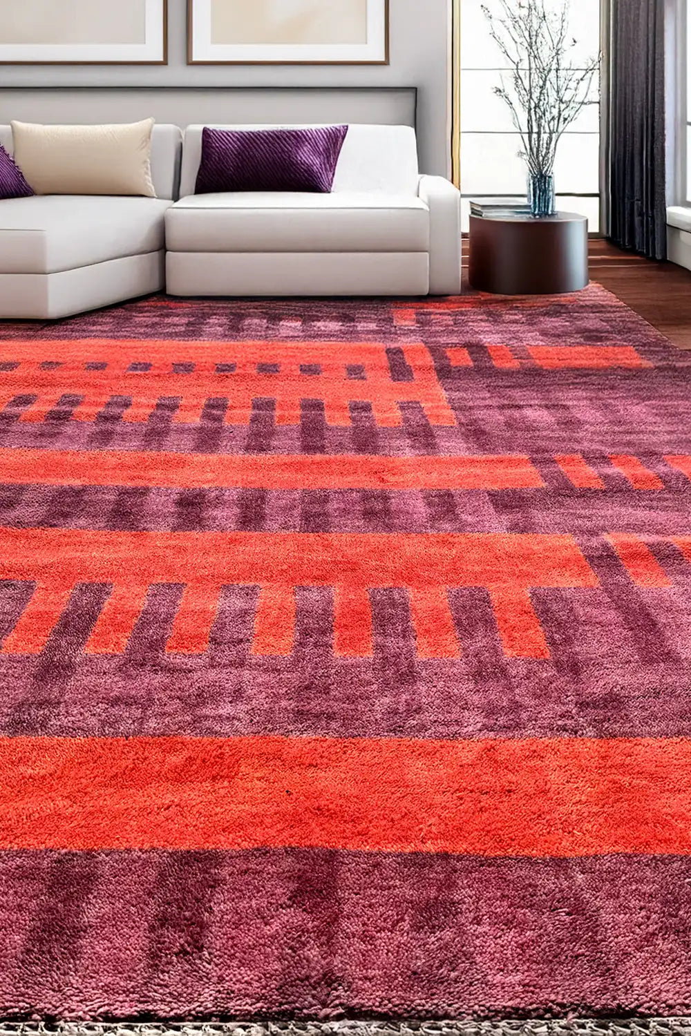 Purple and Burnt Orange Geometric Stripe Hand-Knotted Oushak Wool Rug 5x7、mySite、gigharbornorthrealestate