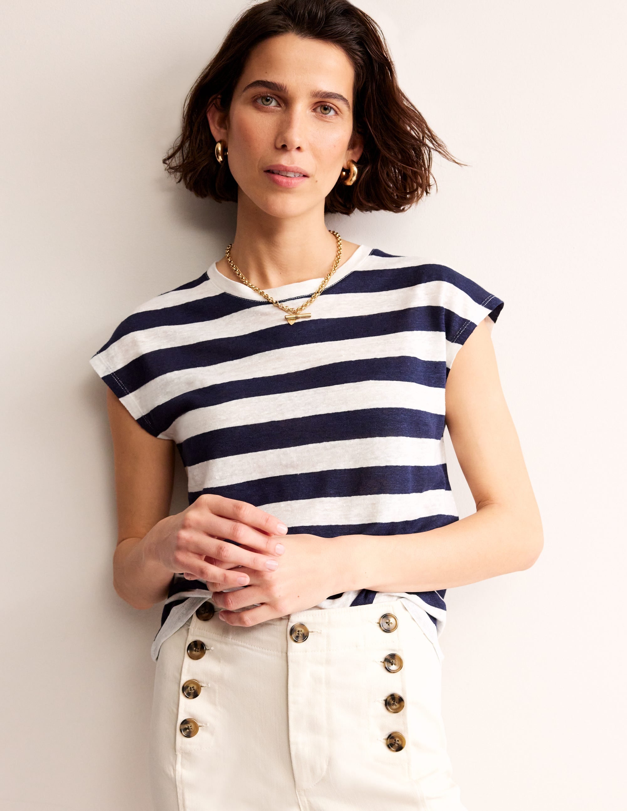  Louisa Crew Neck Linen T-shirt-Navy, Ivory Stripe、mySite、ashleygrahame