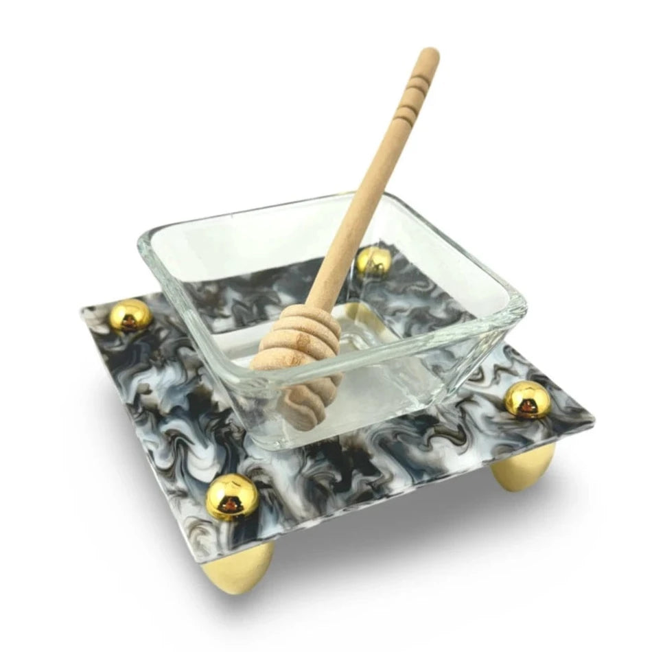 Black Marble Contemporary Honey Dish with Wooden Dipper by Joy Stember、mySite、topwebapps