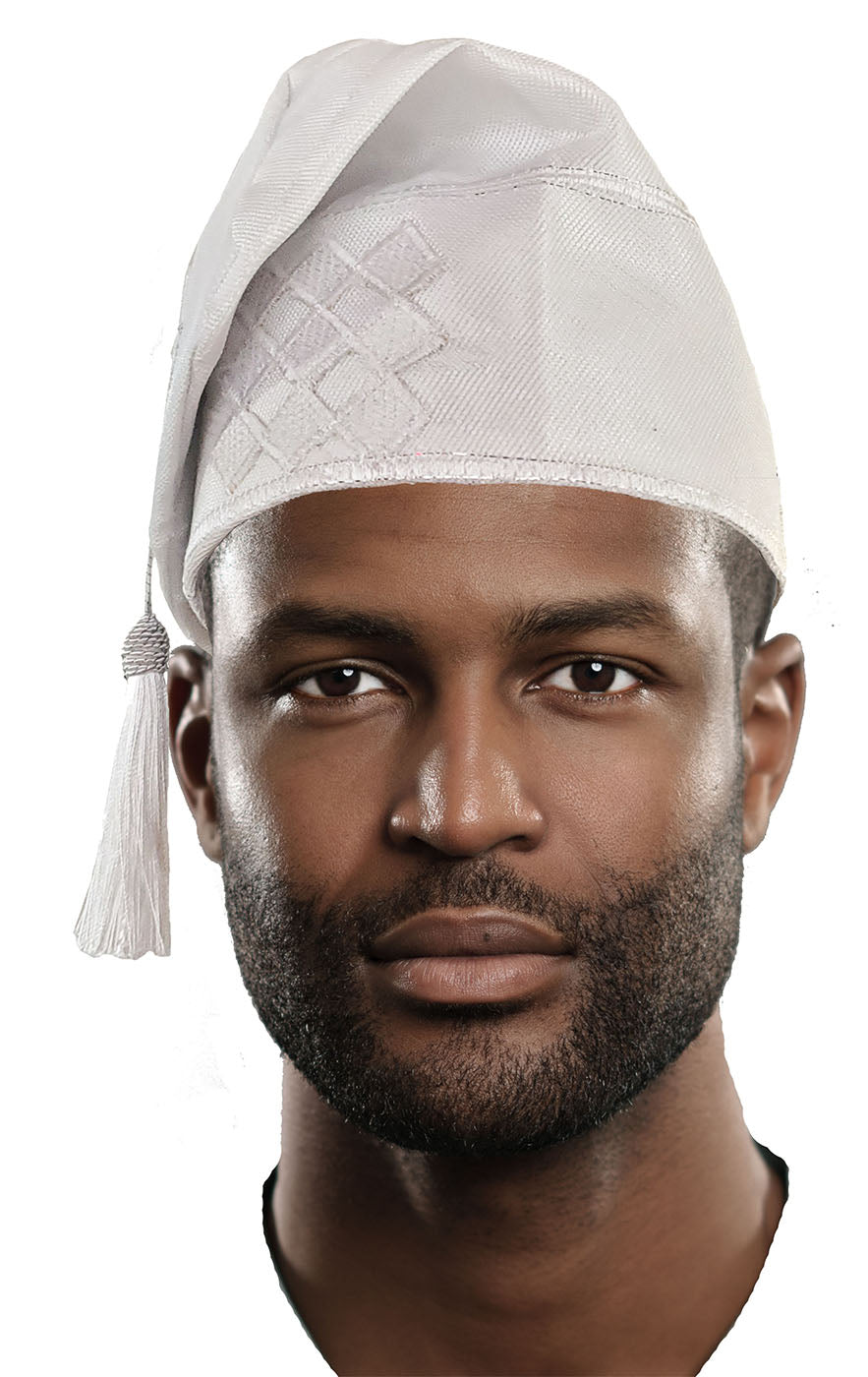 White Embroidered African Hand woven Aso Oke Yoruba Hat、mySite、solidvoid