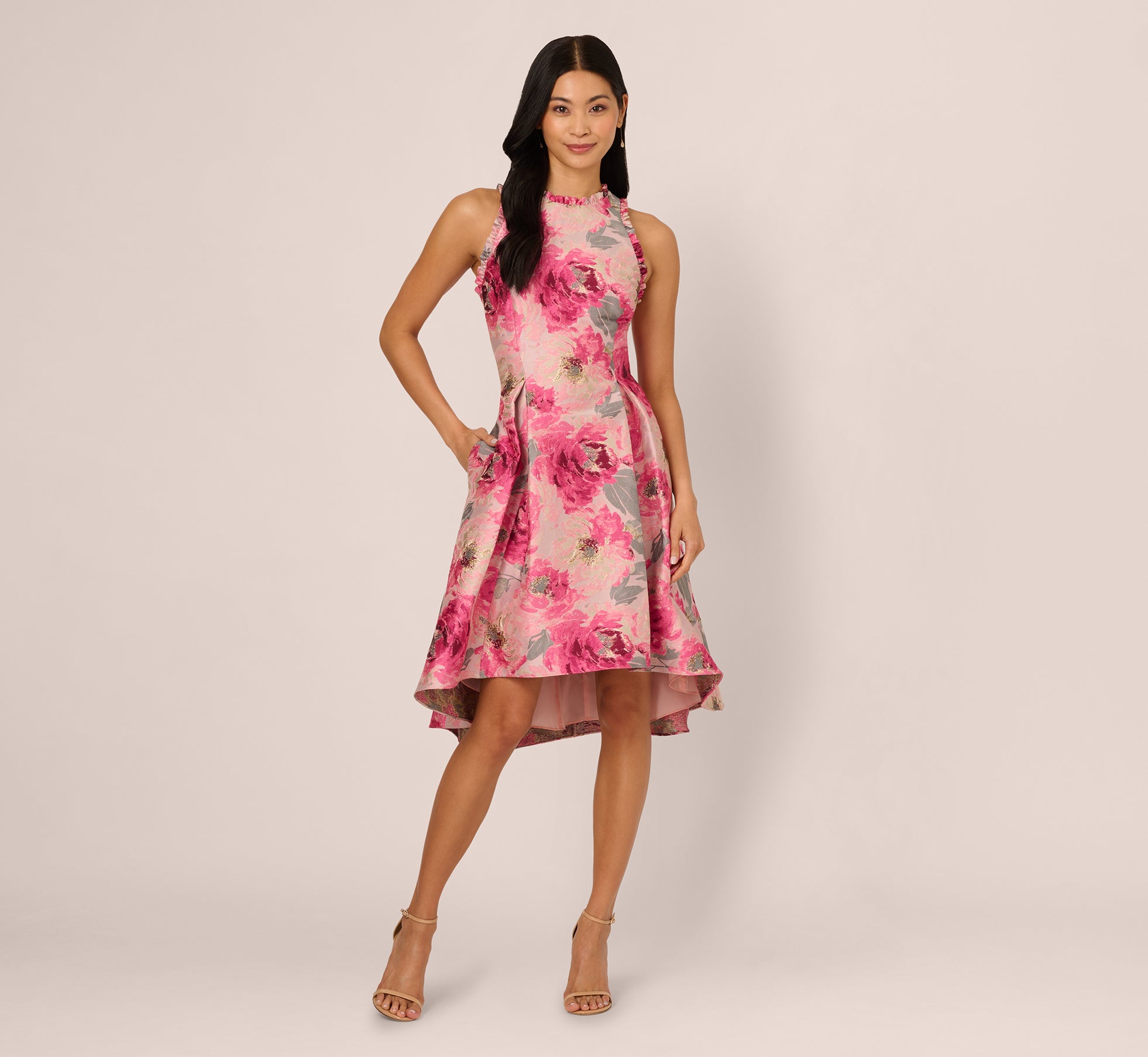 Sleeveless Floral Jacquard Fit And Flare High Low Dress In Pink Multi、mySite、solidvoid
