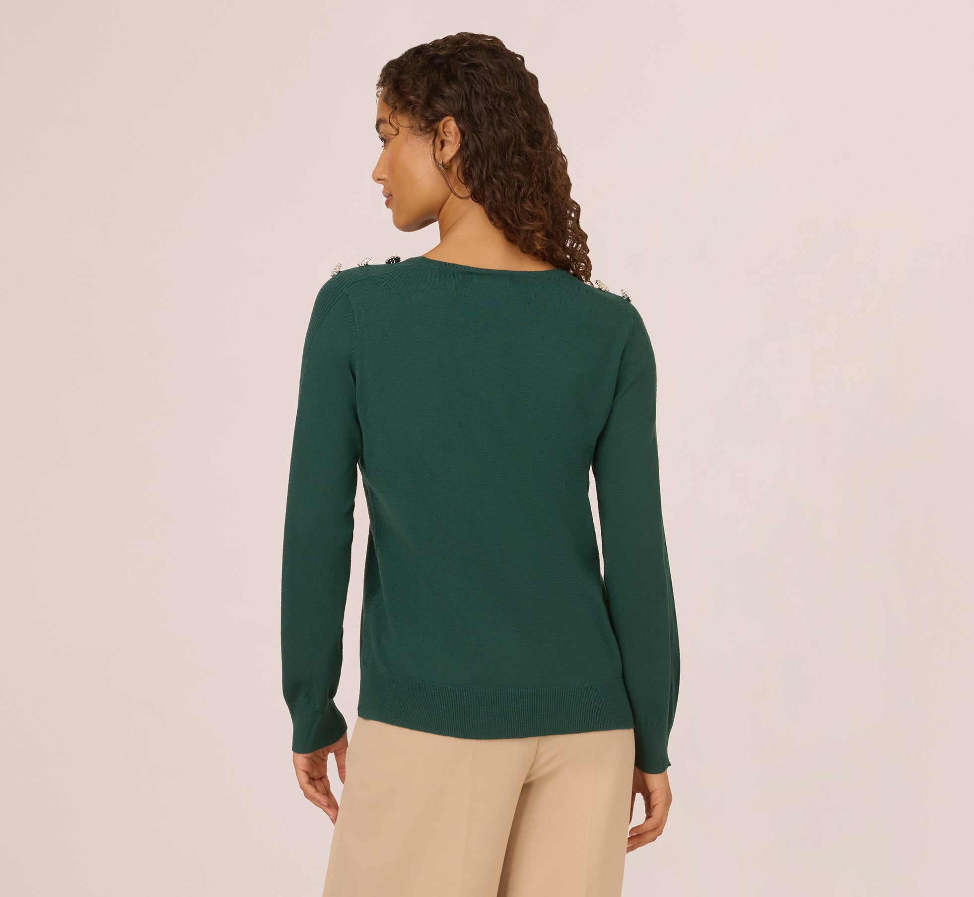 Ribbed Detail Embellished Pullover Sweater In Deep Forest、mySite、solidvoid