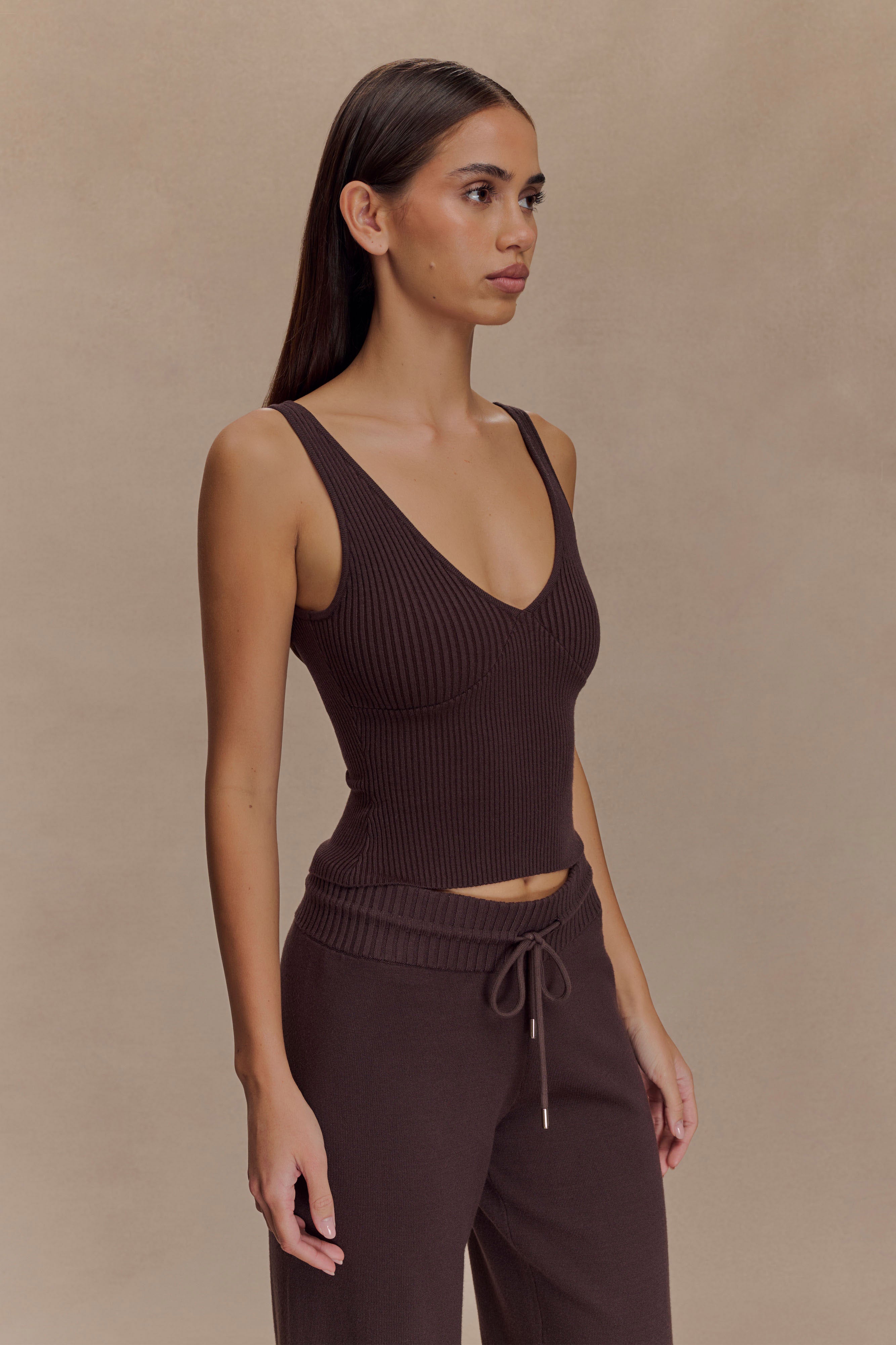 Natalya Ribbed Knit Cami Top - Dark Chocolate、mySite、solidvoid