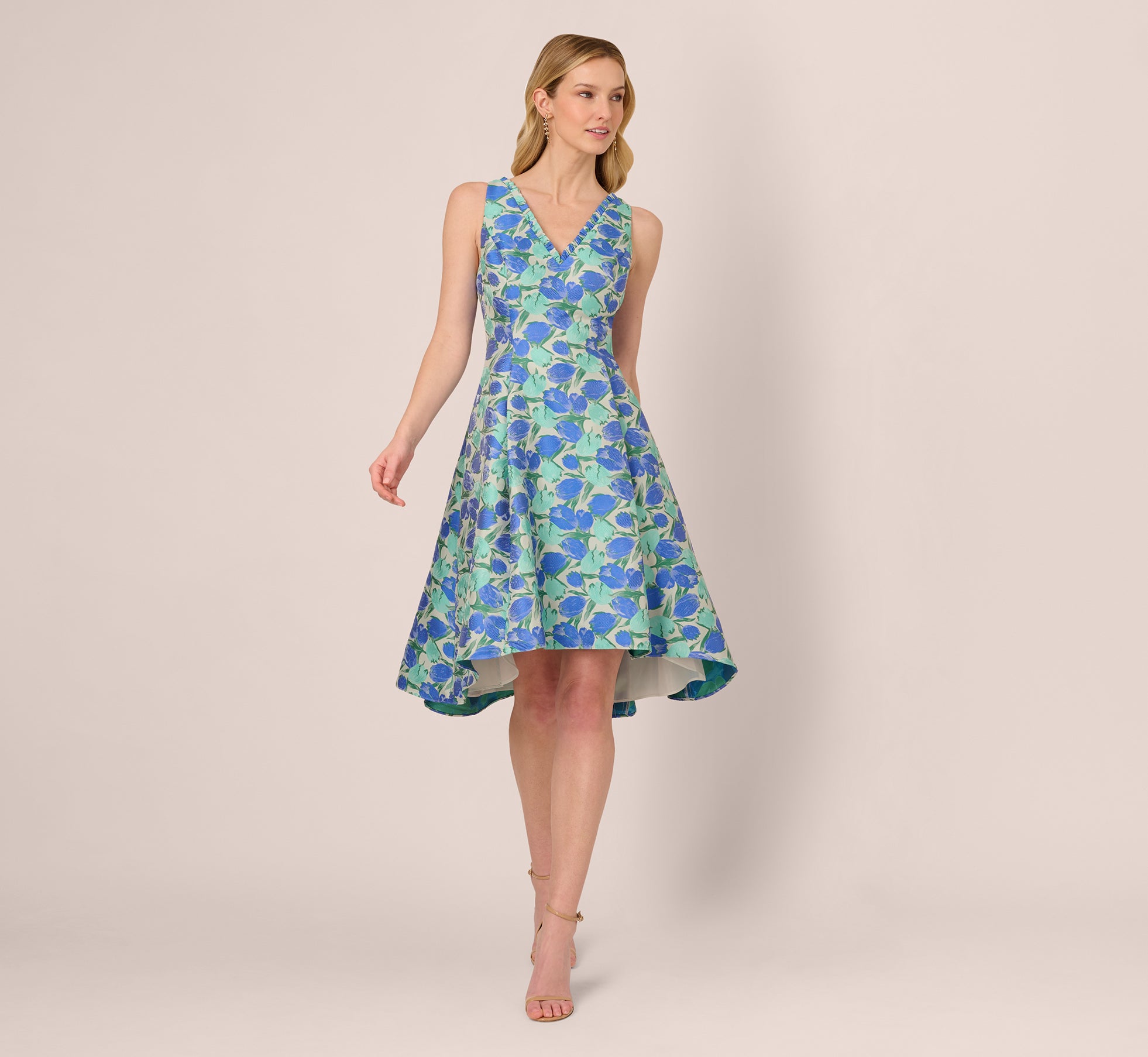Sleeveless Tulip Jacquard Fit And Flare Midi Dress In Blue Green Multi、mySite、solidvoid